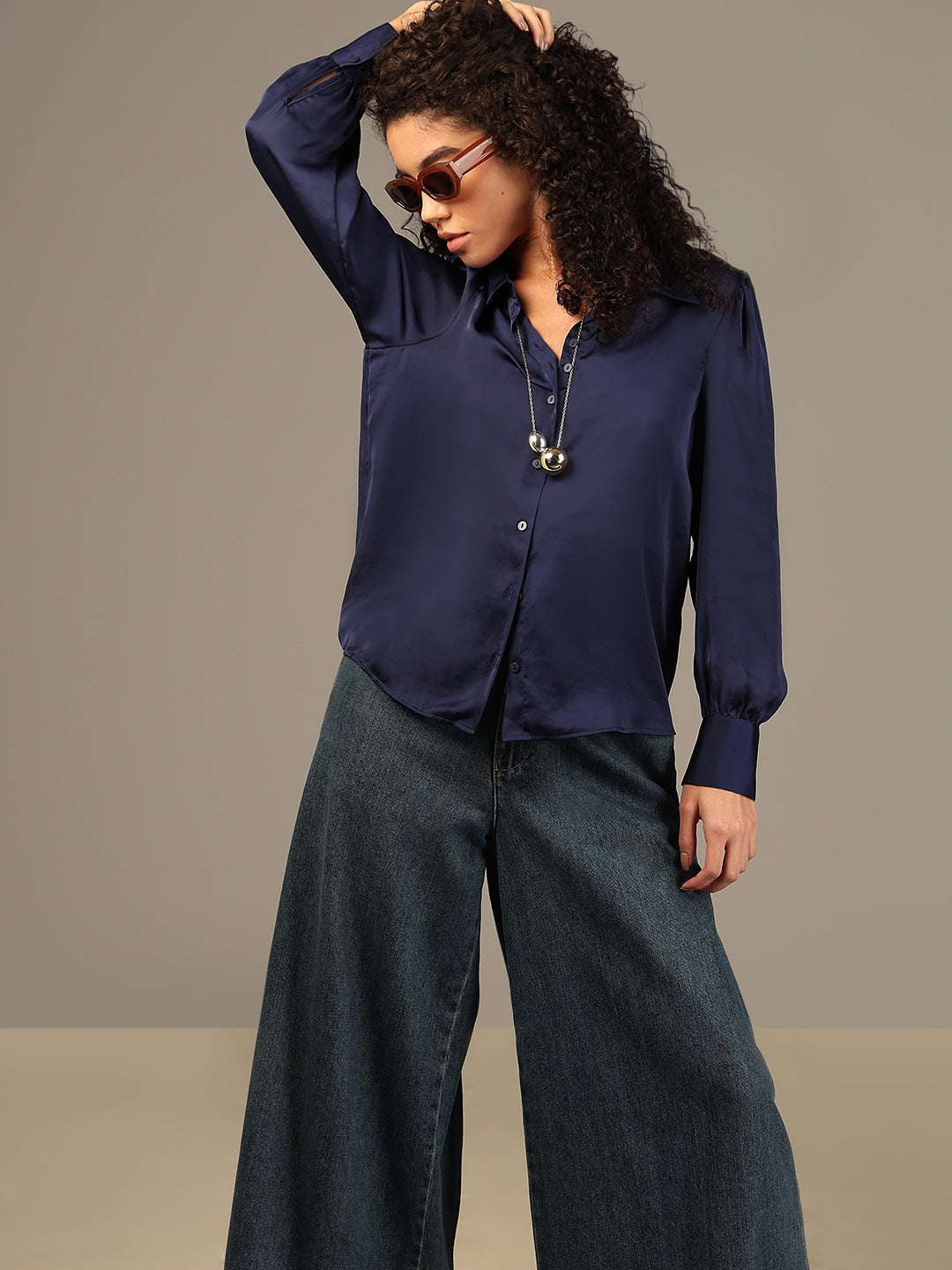 Blue Satin Regular Fit Shirt