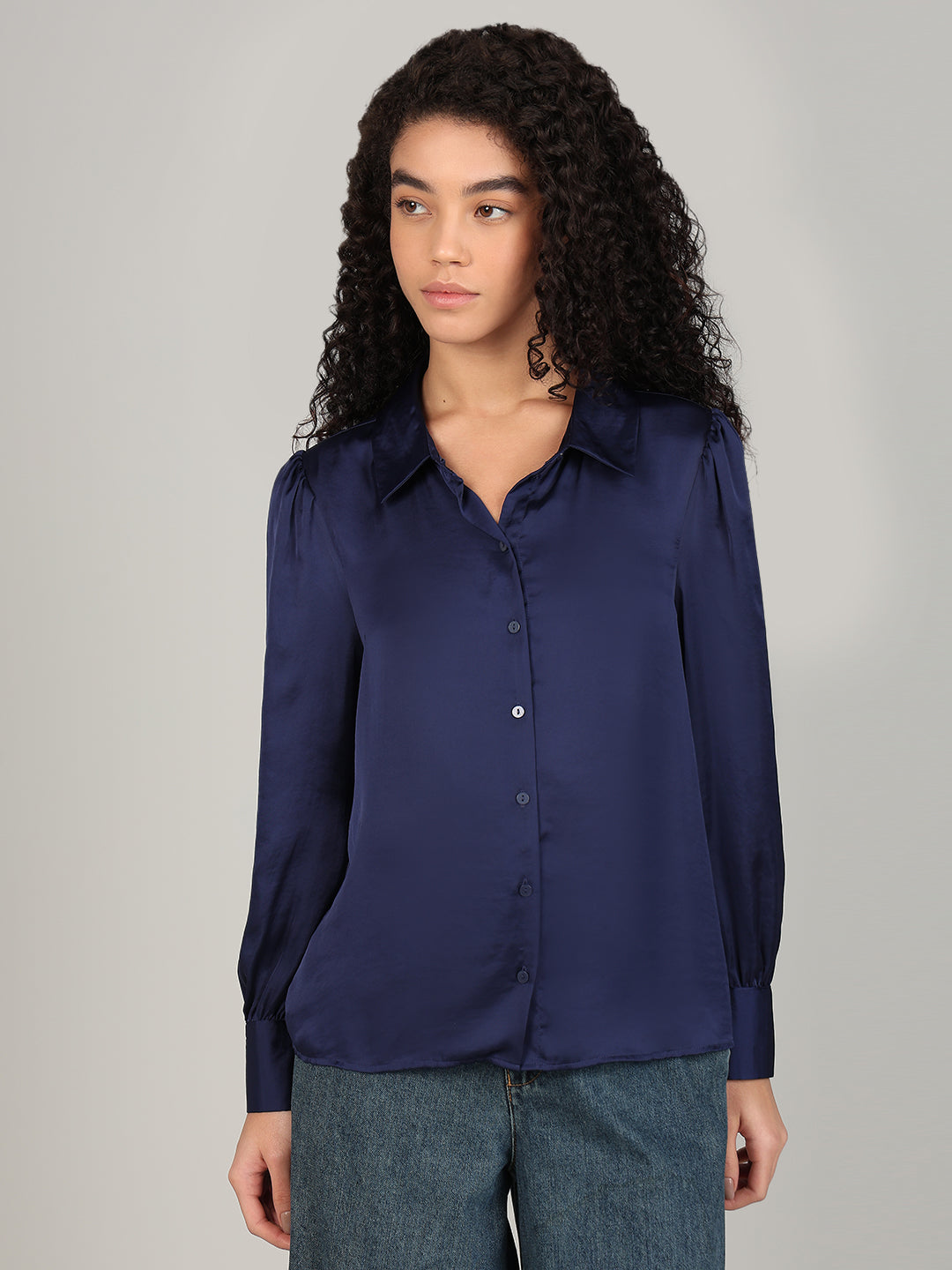 Blue Satin Regular Fit Shirt