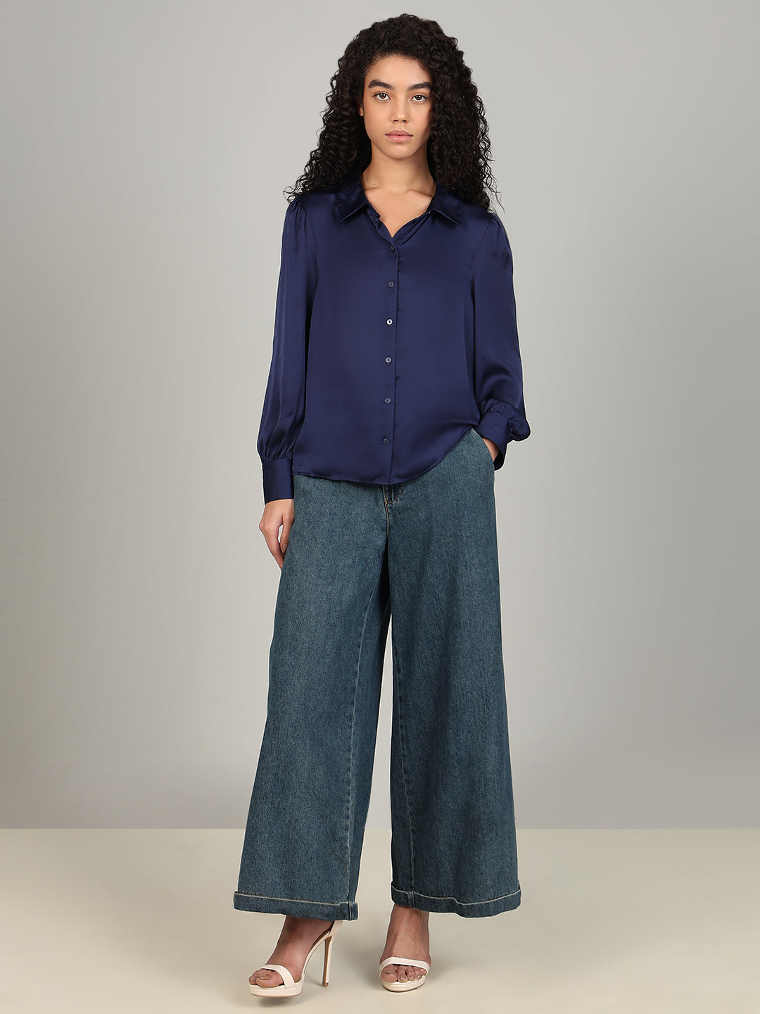 Blue Satin Regular Fit Shirt