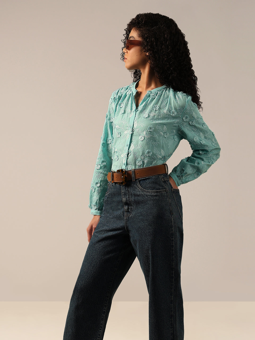 Aqua Floral Textured Cotton Top