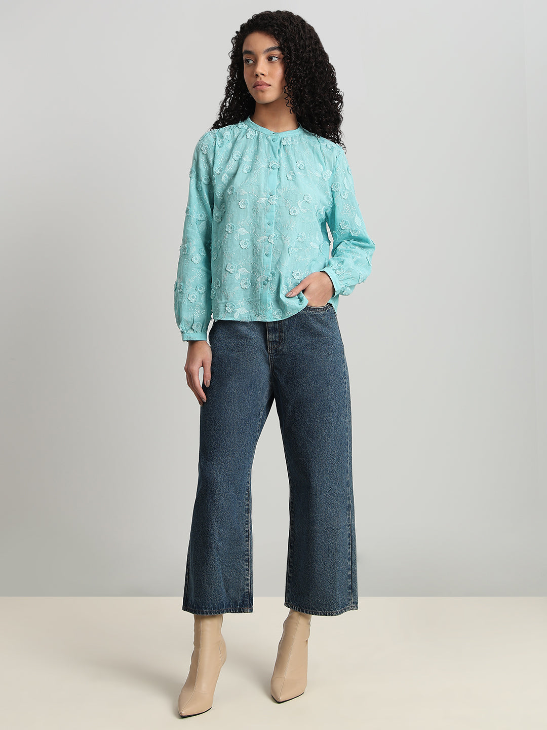 Aqua Floral Textured Cotton Top