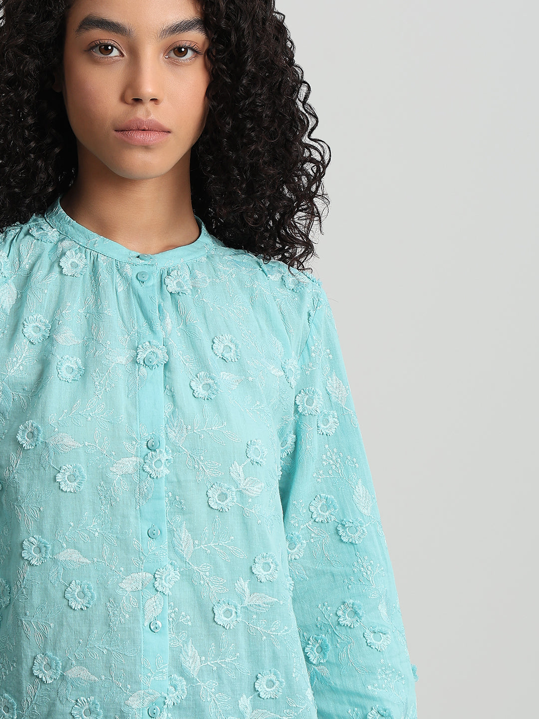 Aqua Floral Textured Cotton Top