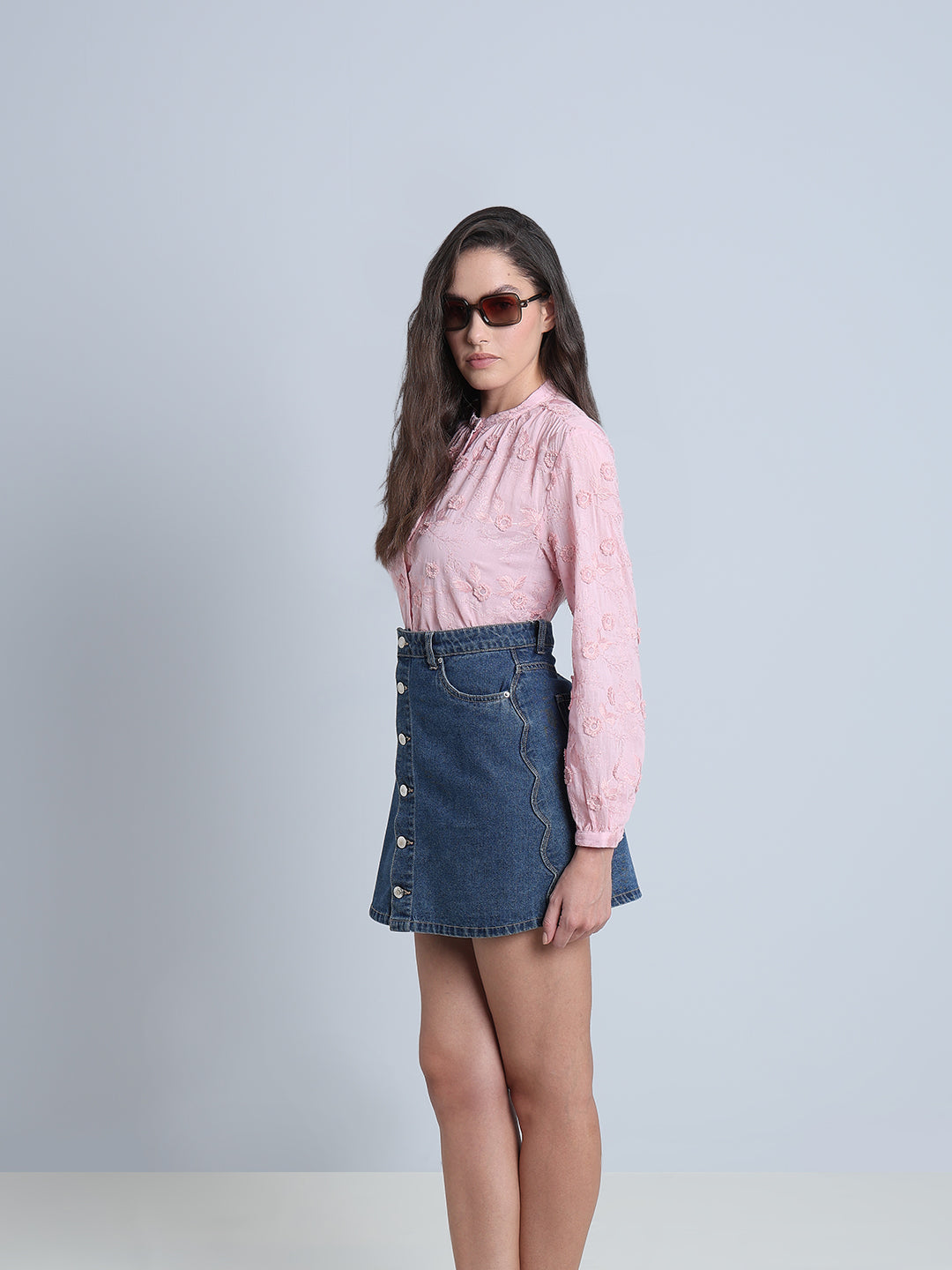 Pink Floral Textured Cotton Top