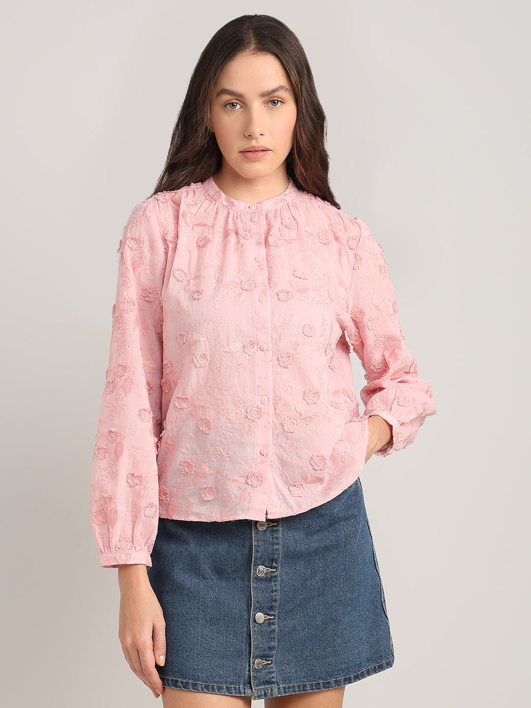 Pink Floral Textured Cotton Top