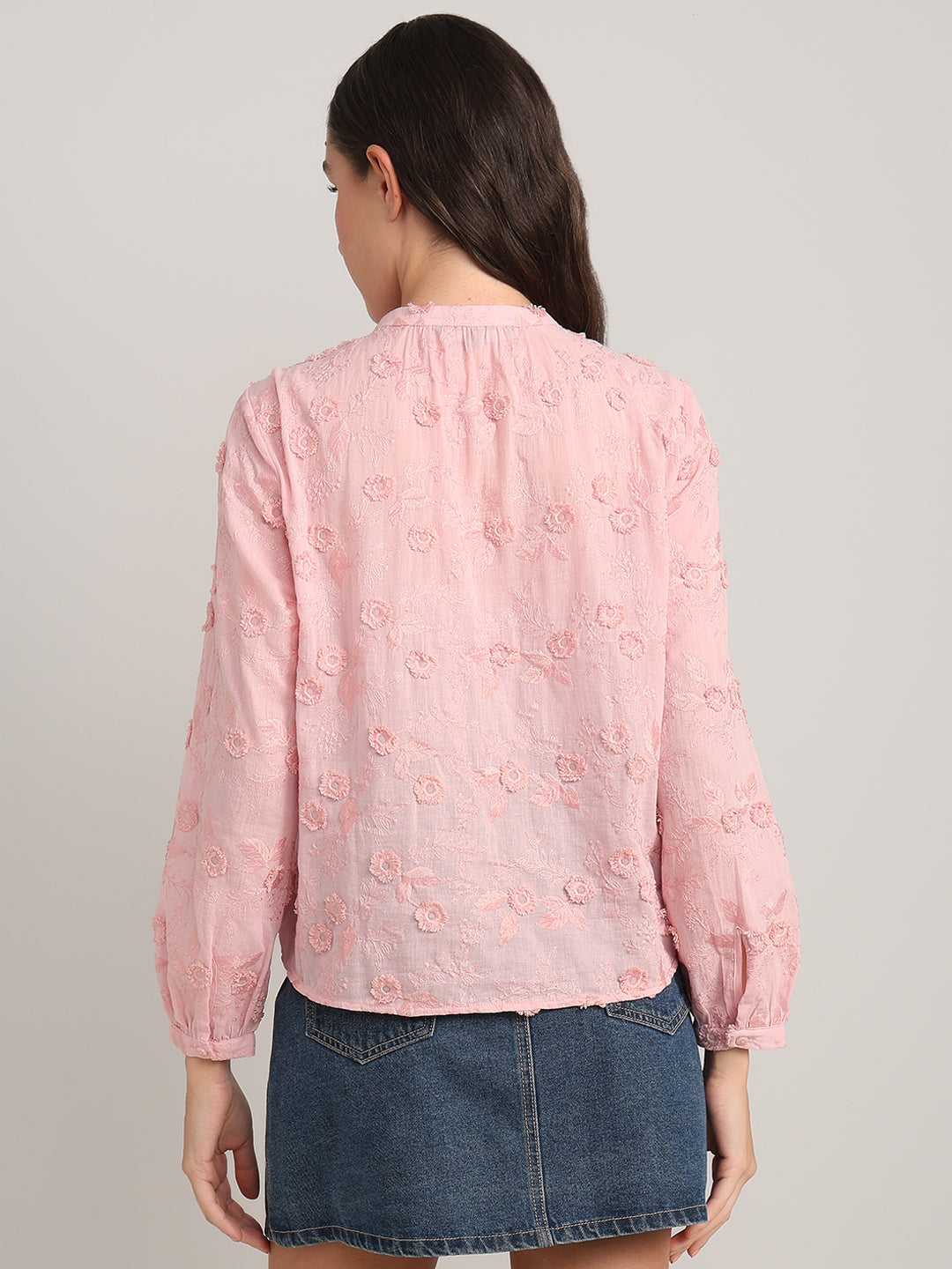 Pink Floral Textured Cotton Top