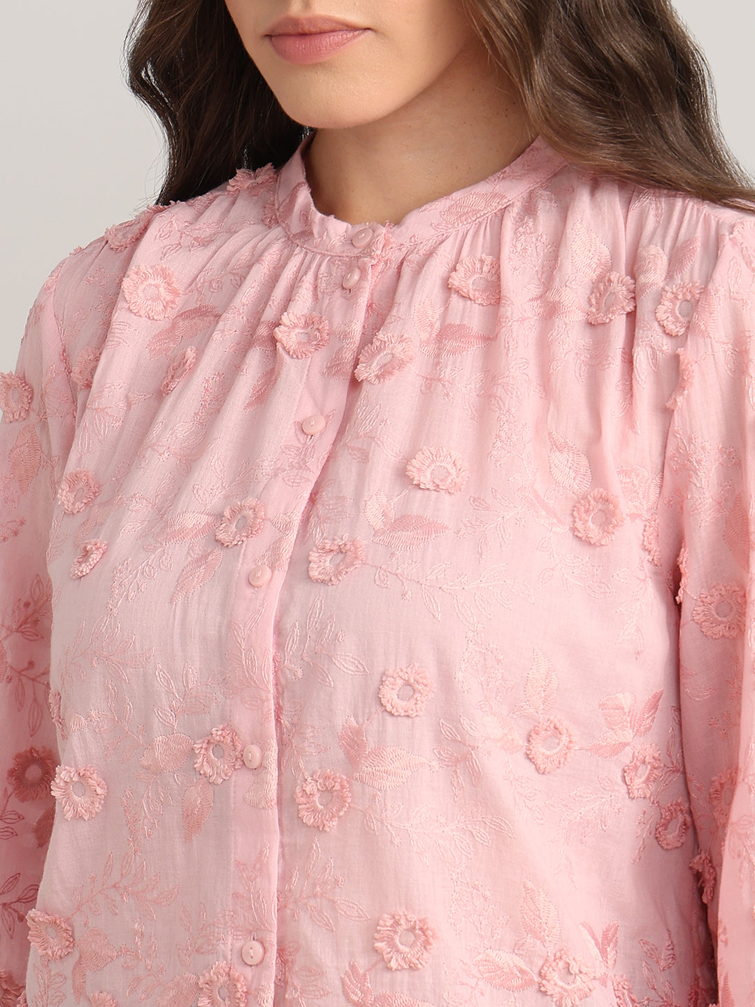 Pink Floral Textured Cotton Top
