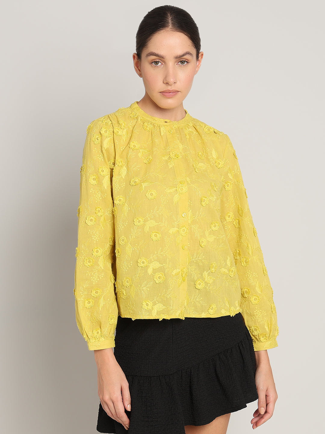 Yellow Floral Textured Cotton Top