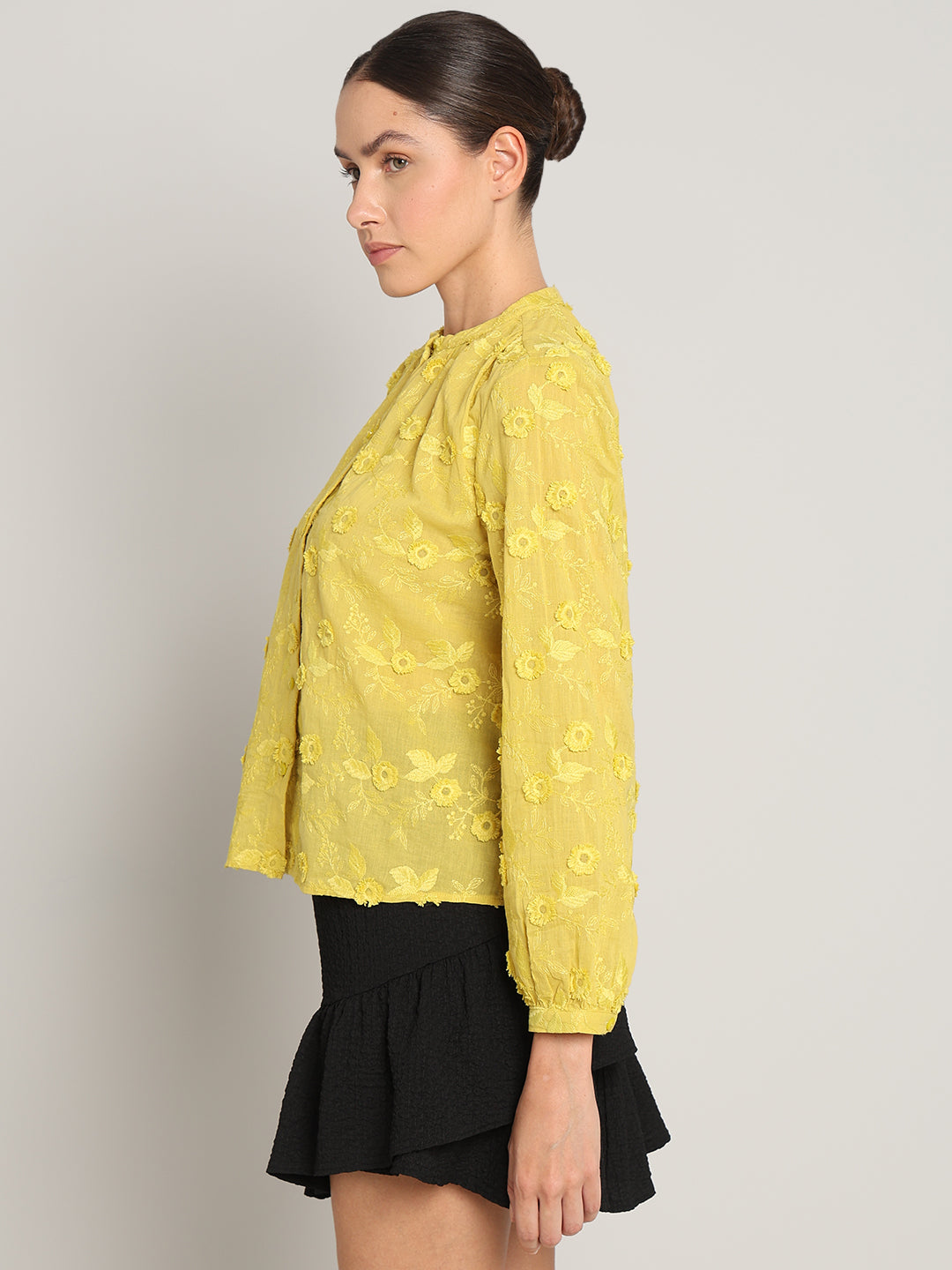 Yellow Floral Textured Cotton Top
