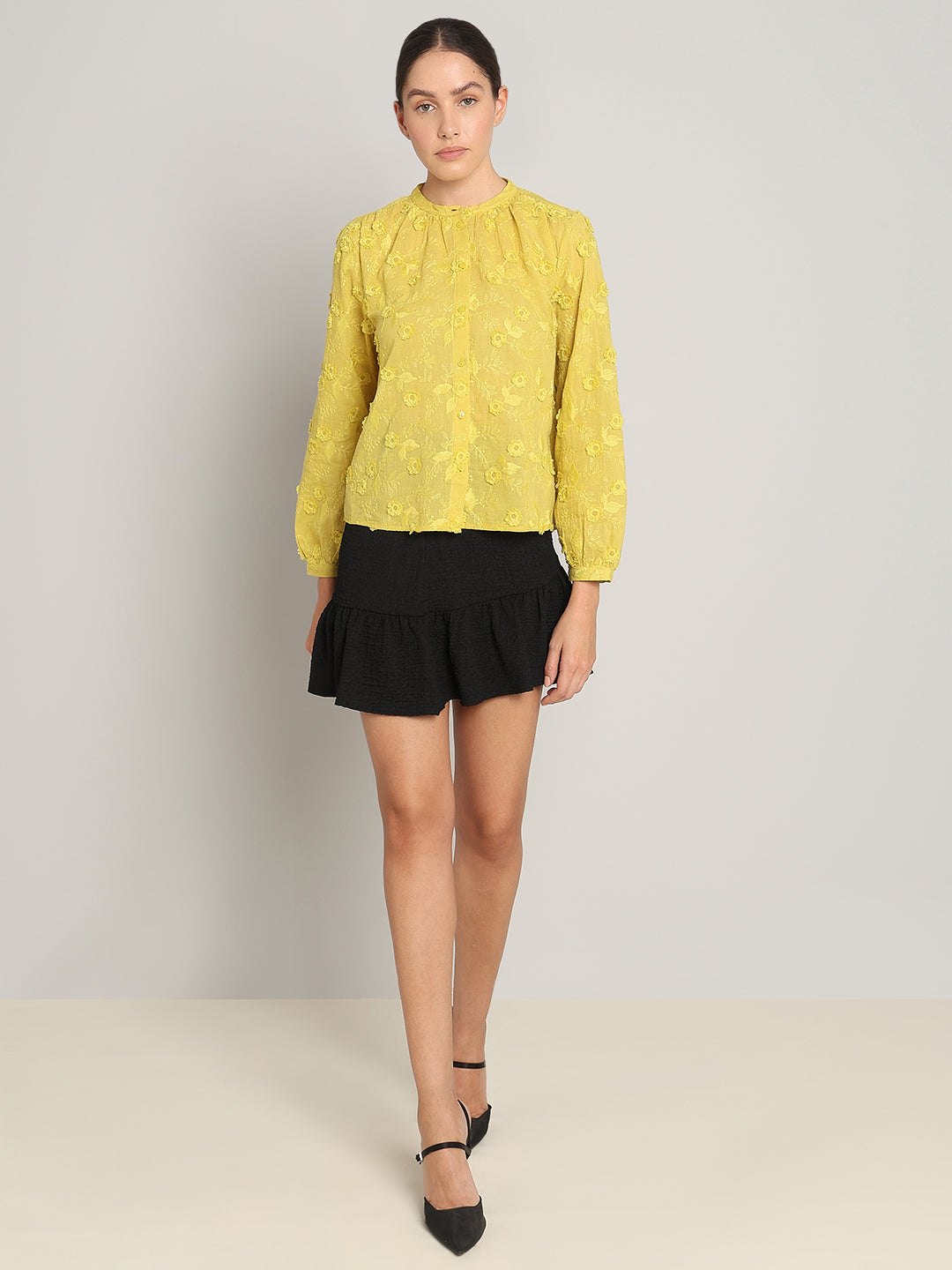 Yellow Floral Textured Cotton Top