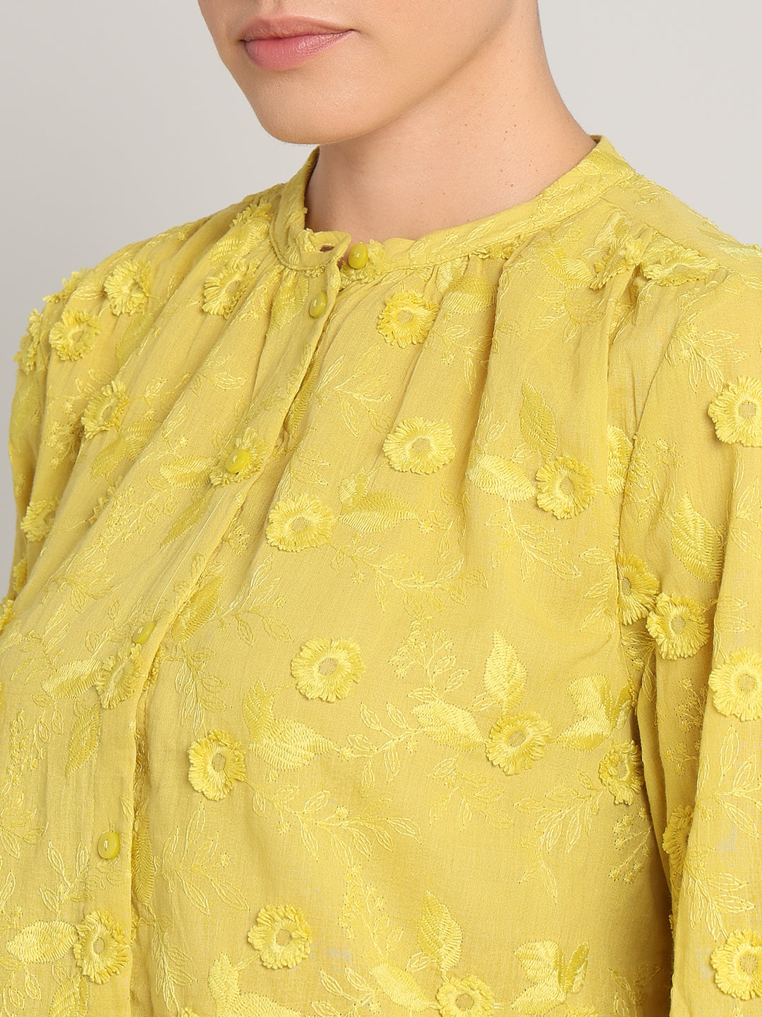 Yellow Floral Textured Cotton Top