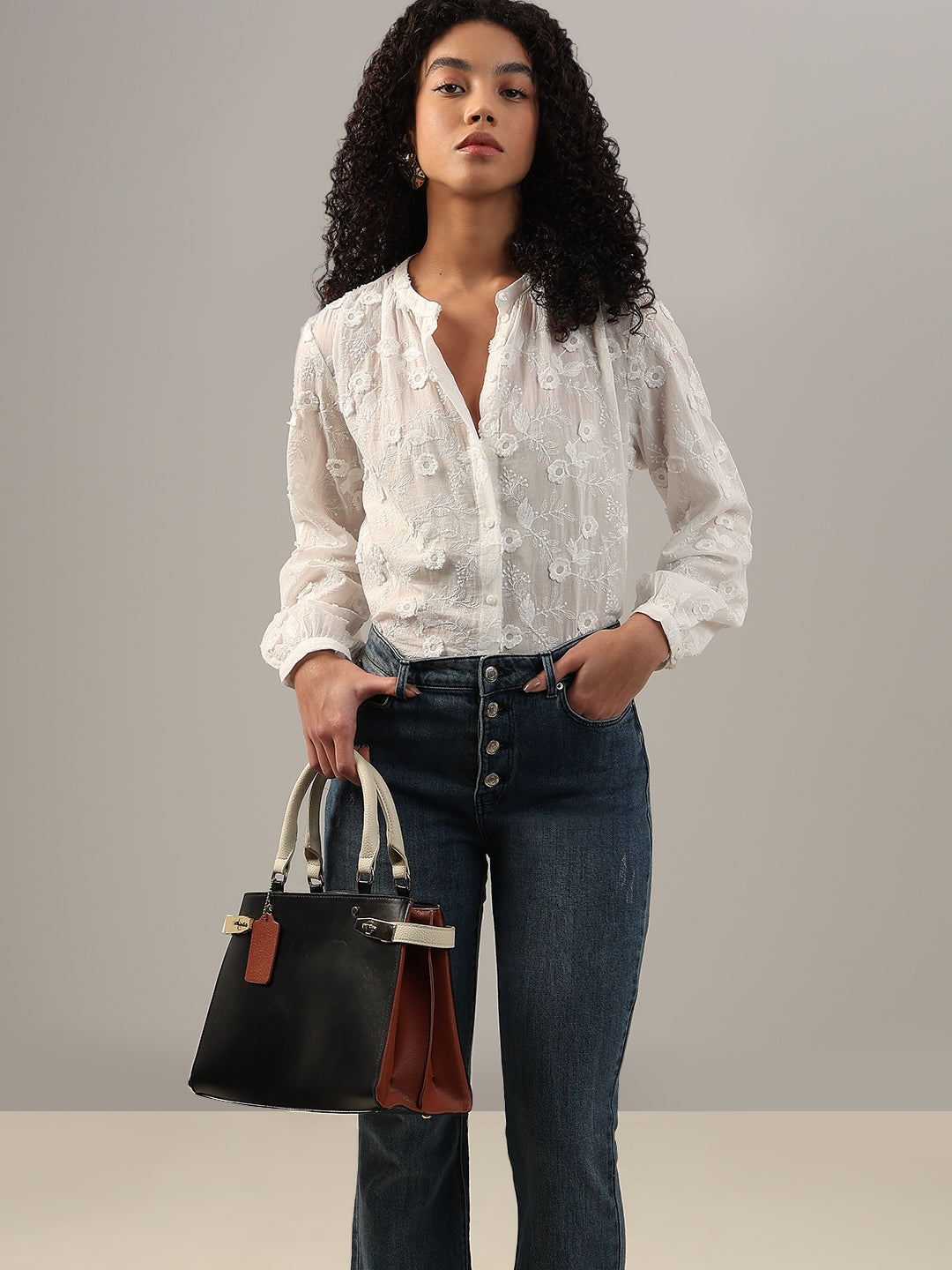 White Floral Textured Cotton Top