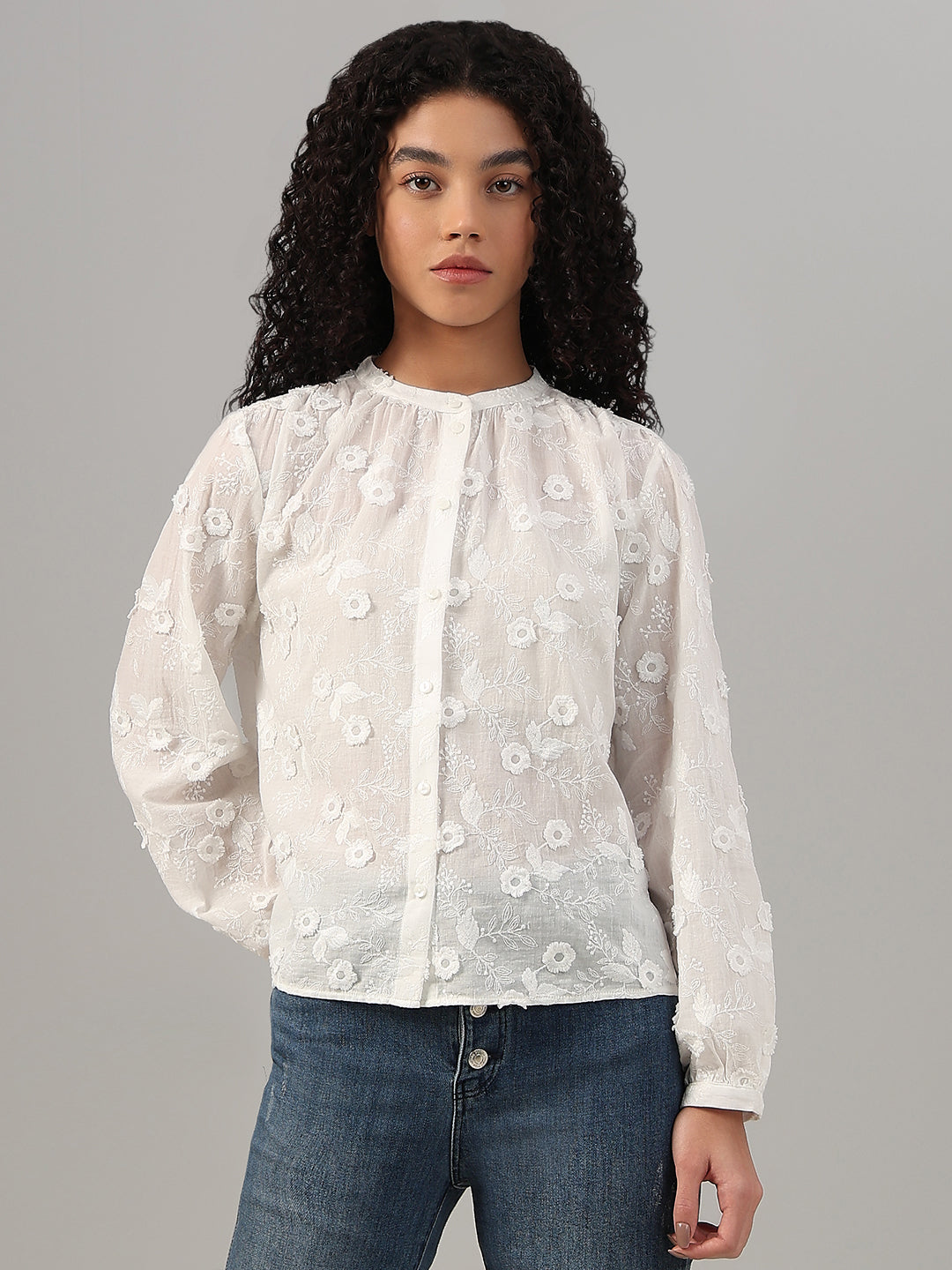 White Floral Textured Cotton Top