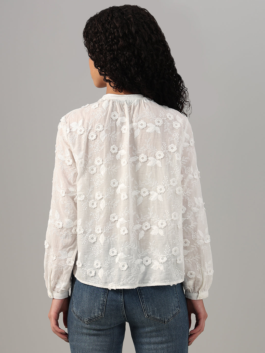 White Floral Textured Cotton Top