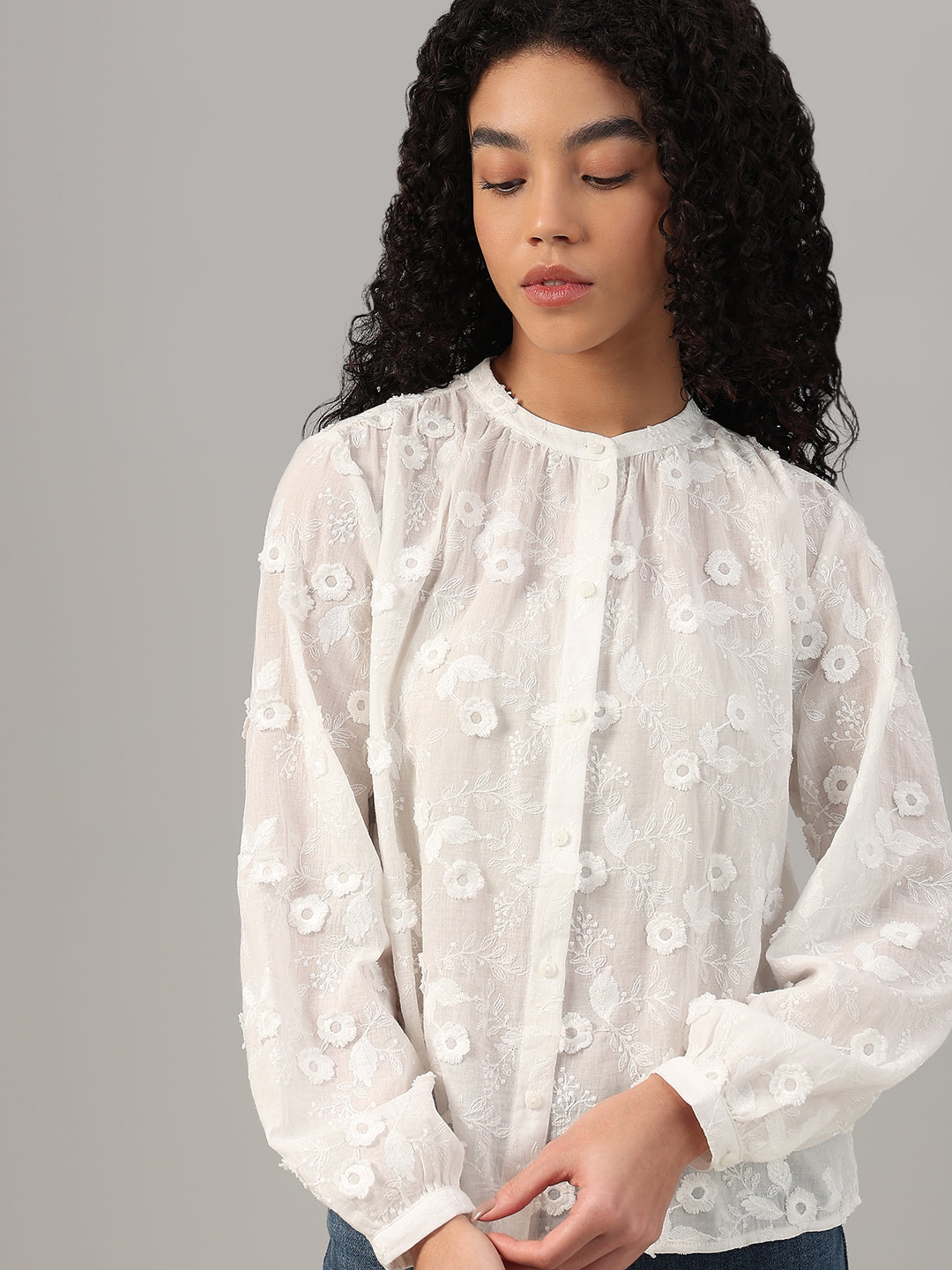 White Floral Textured Cotton Top