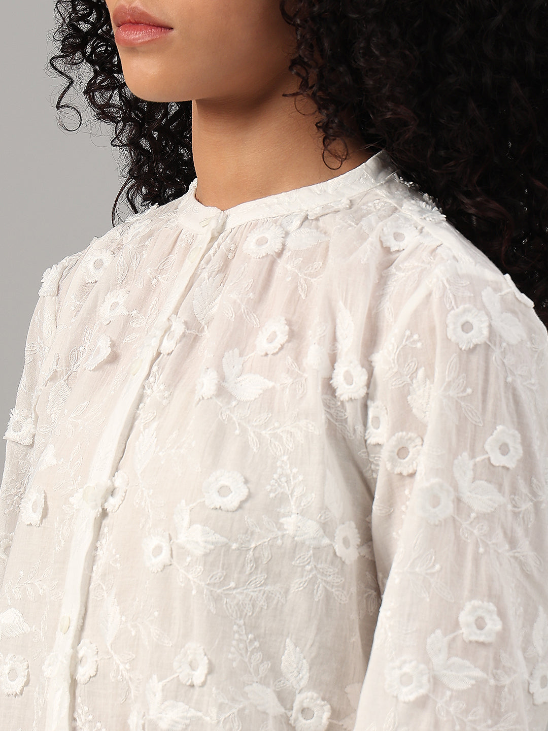 White Floral Textured Cotton Top