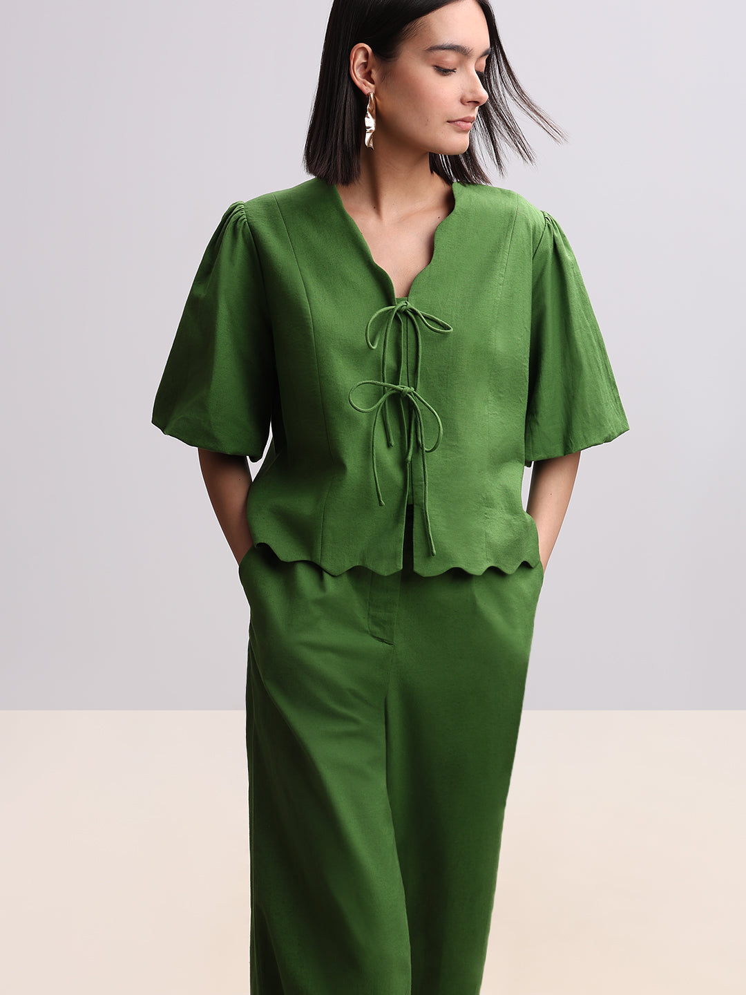 Green Tie-Front Detail Top