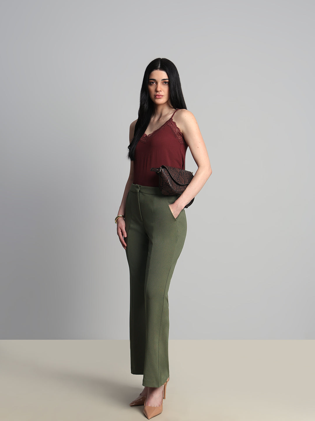 Green High Rise Flared Pants