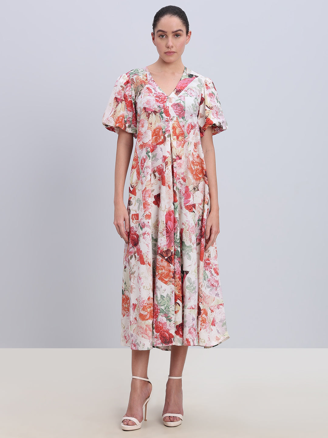 Beige Floral Long Dress