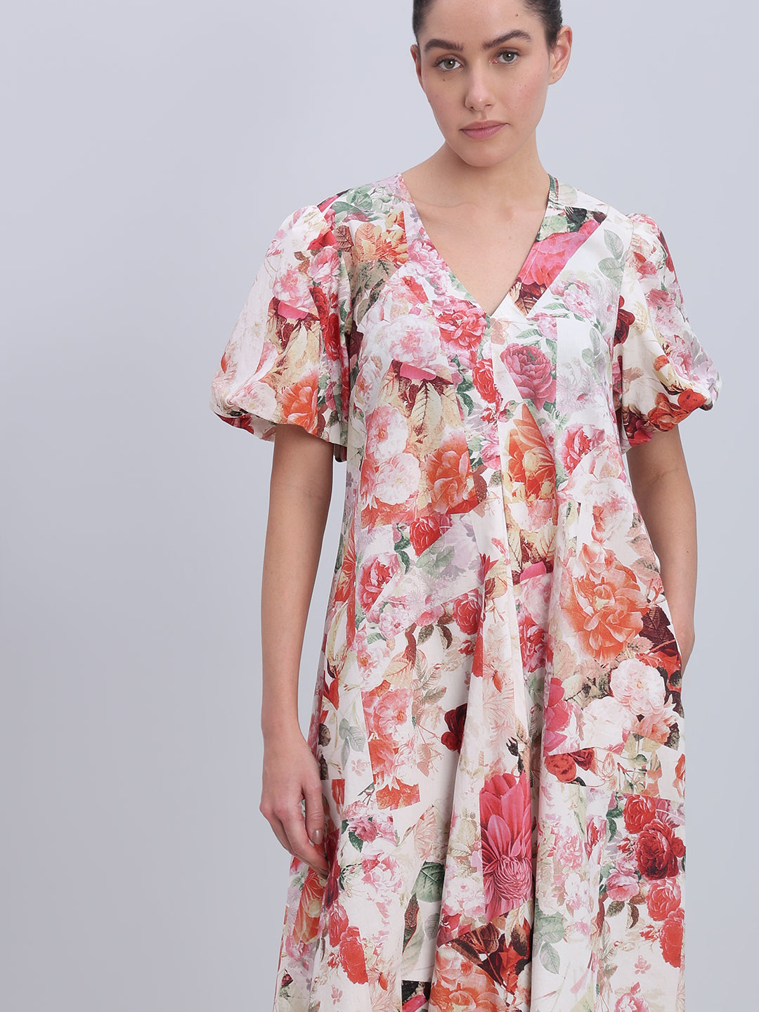 Beige Floral Long Dress