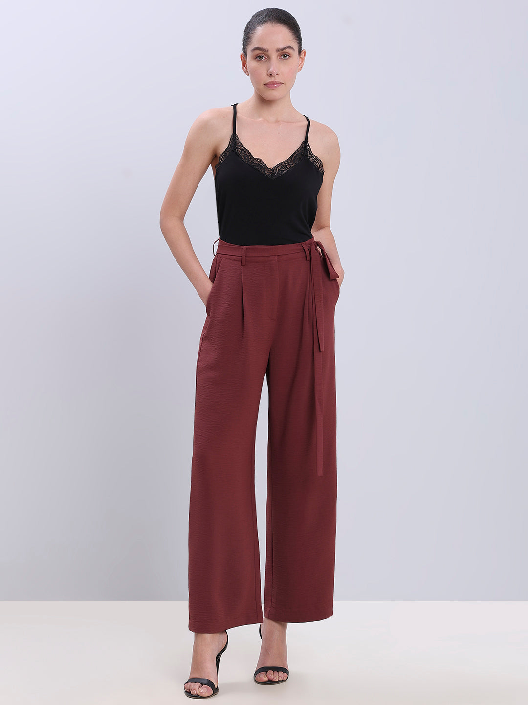 Burgundy Tie-Waist Relaxed Fit Pants