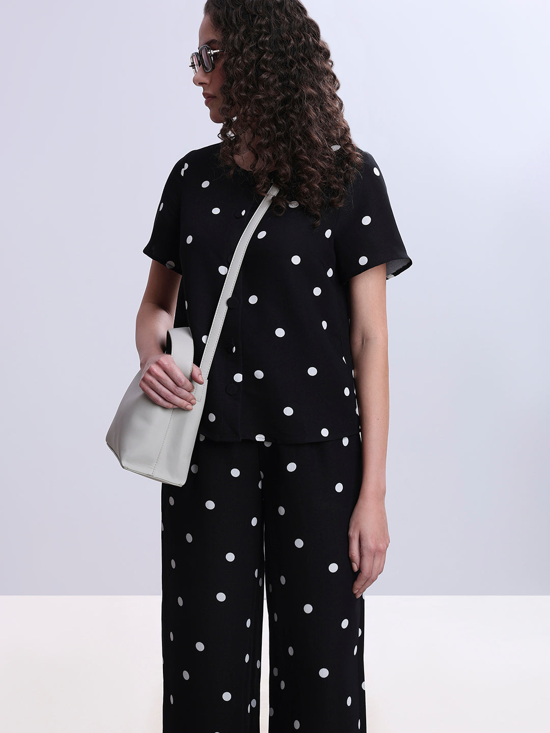 Black Polka Dot Button-Up Top