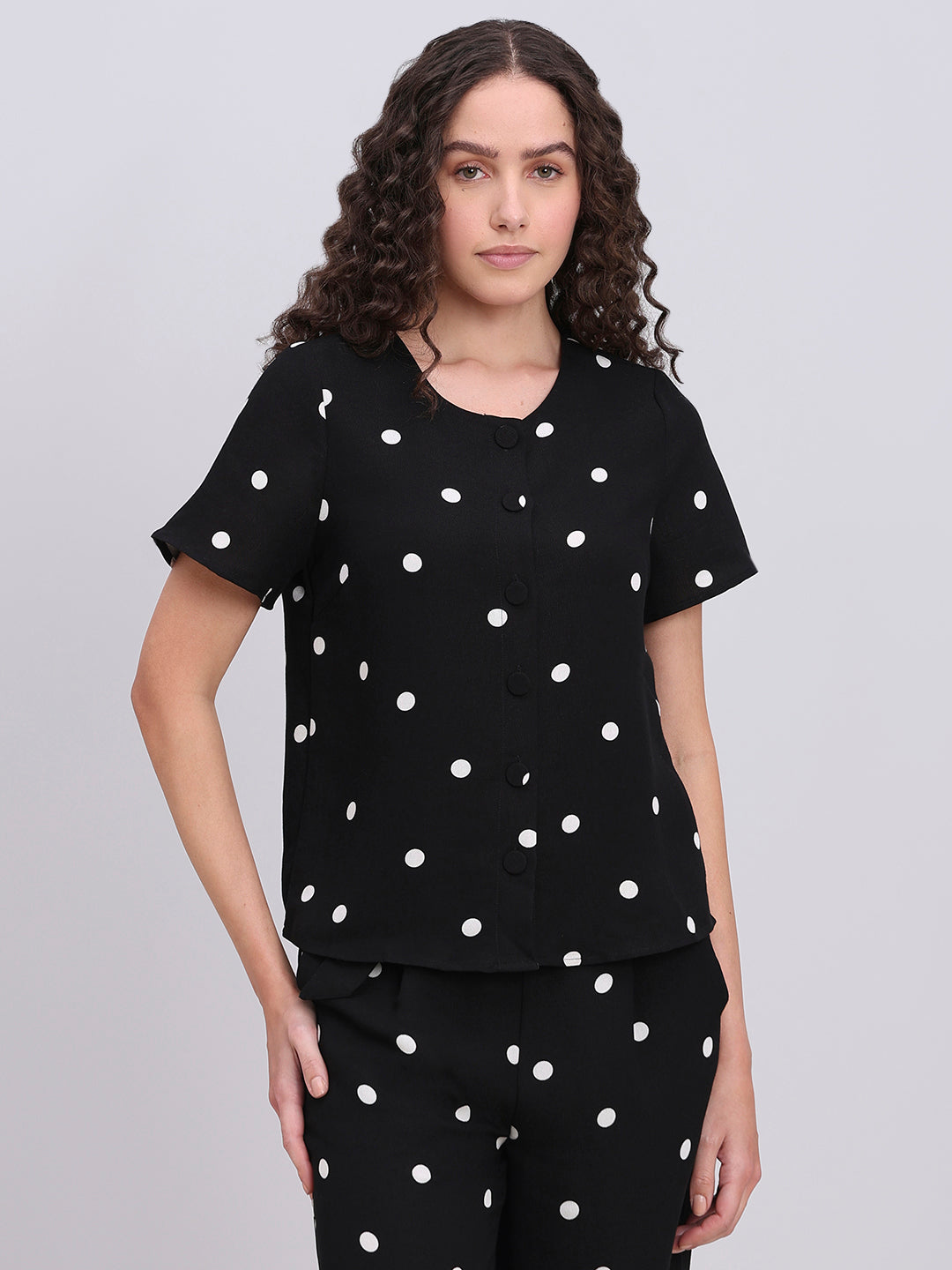 Black Polka Dot Button-Up Top