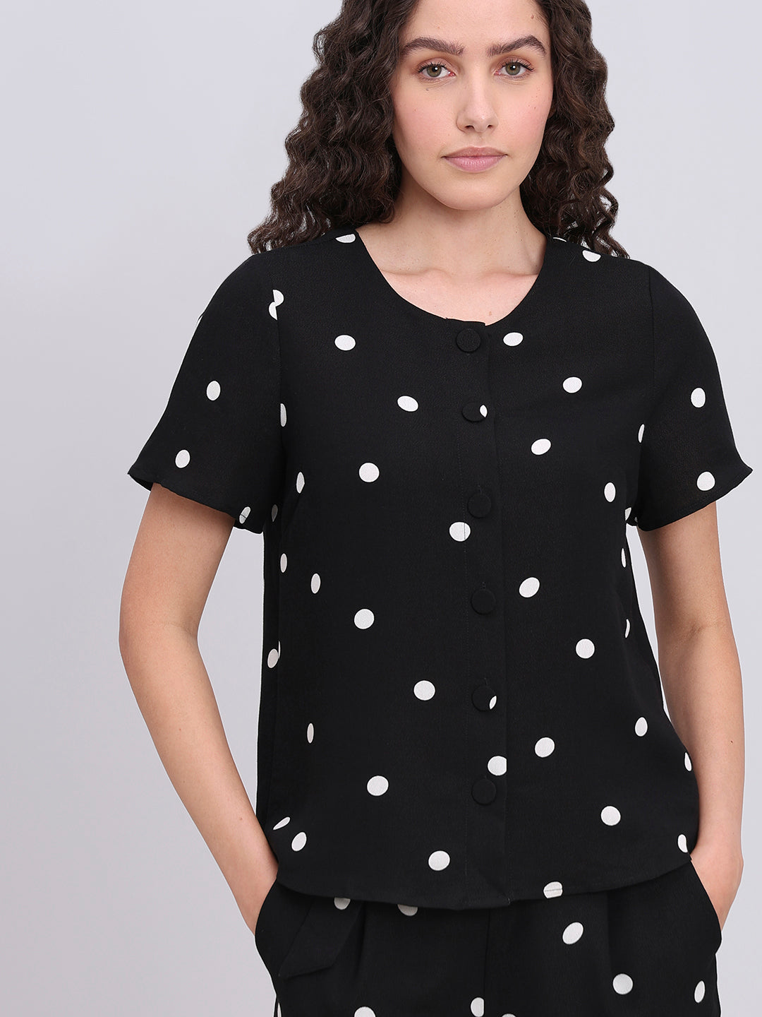 Black Polka Dot Button-Up Top