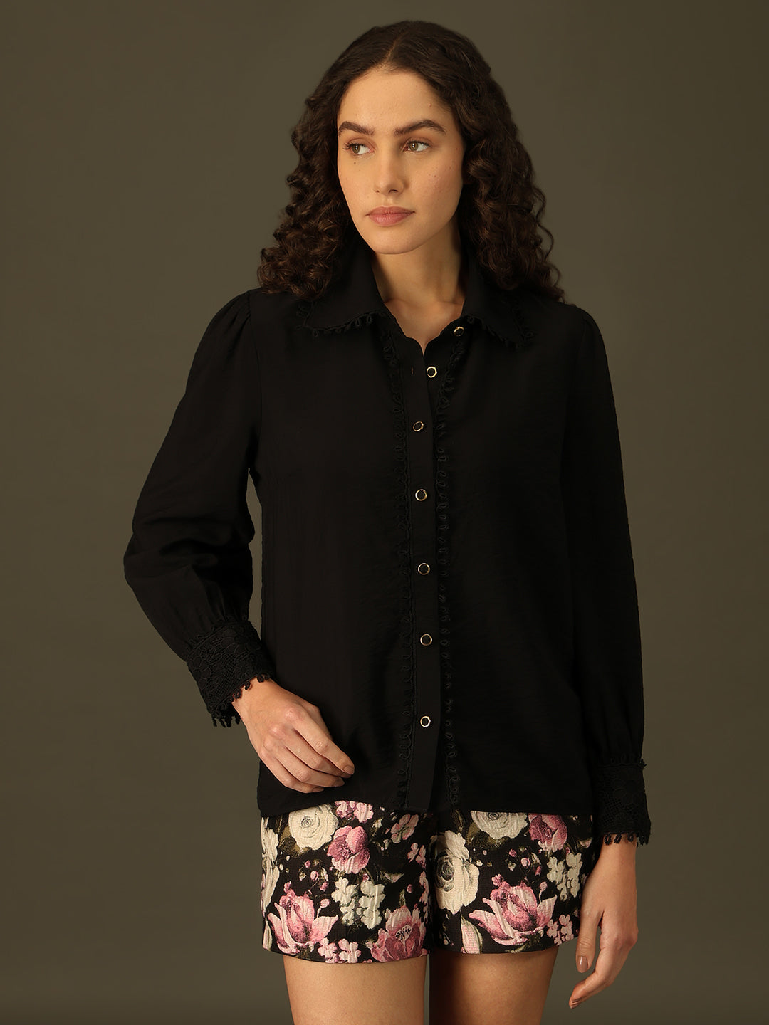 Black Ruffle Trim Shirt