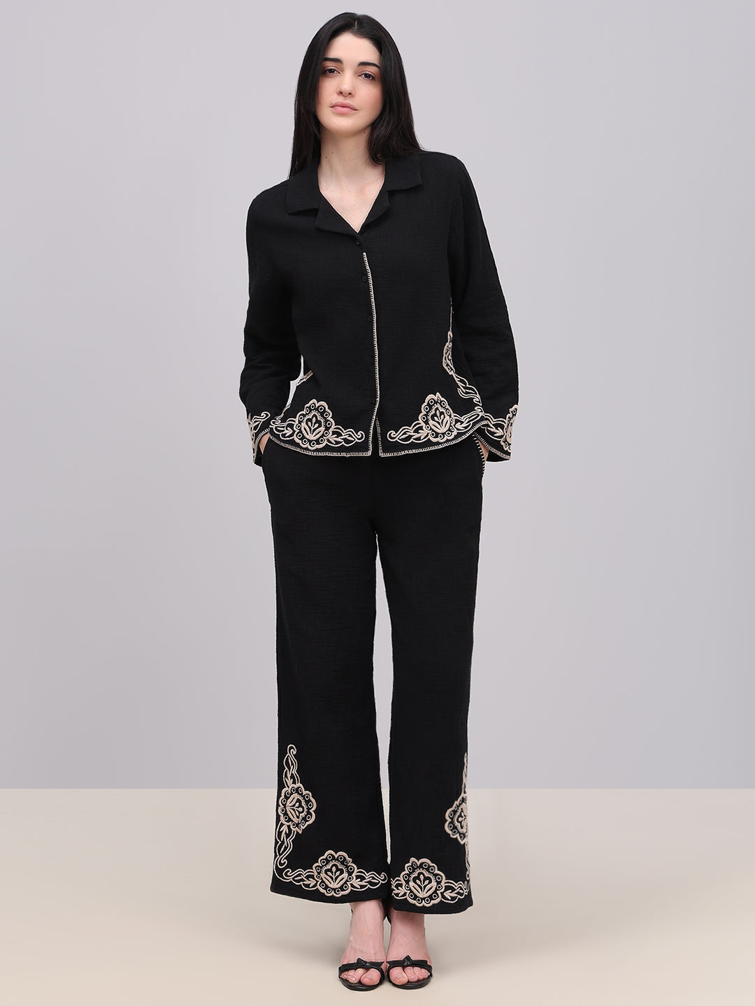 Black Contrast Embroidered Shirt