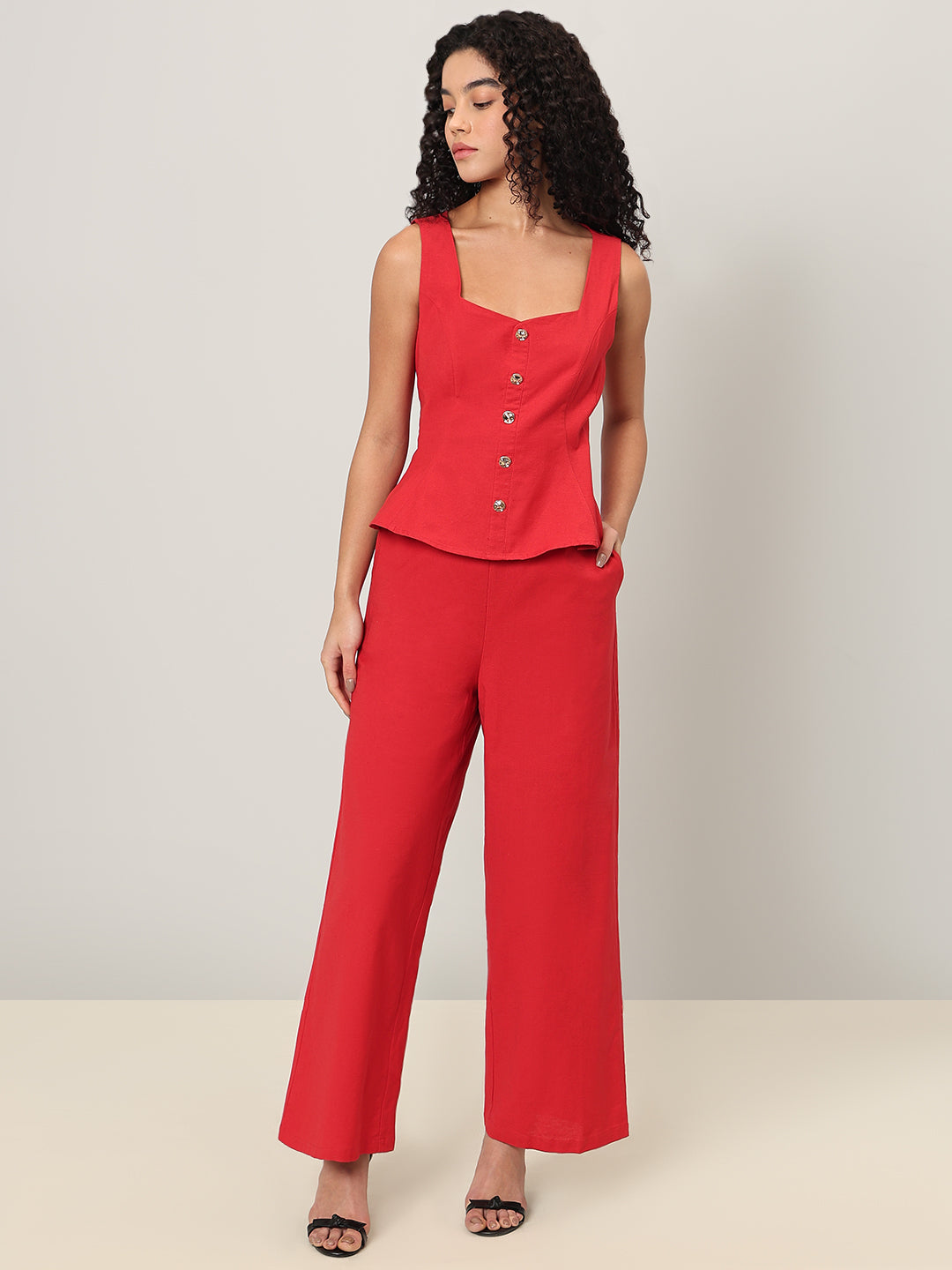 Red Button-Detail Sleeveless Top