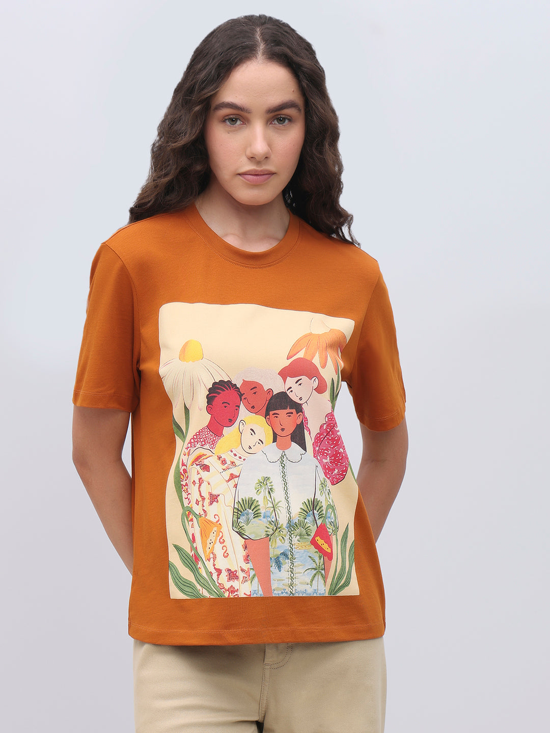 Orange Cotton Printed T-shirt