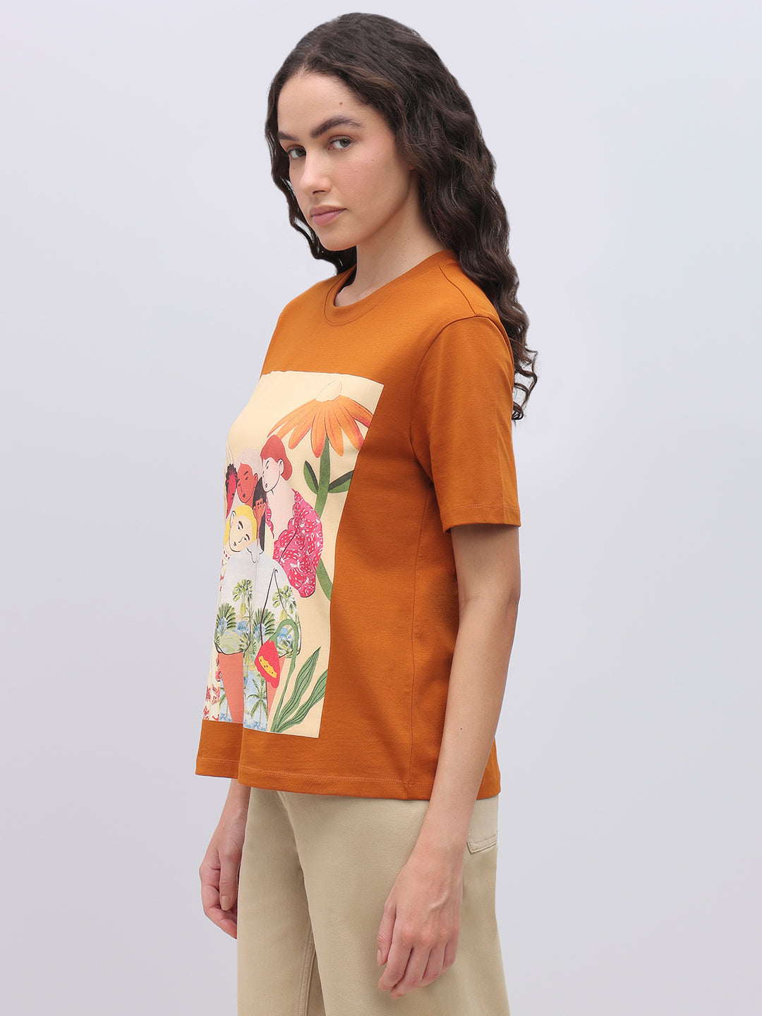 Orange Cotton Printed T-shirt