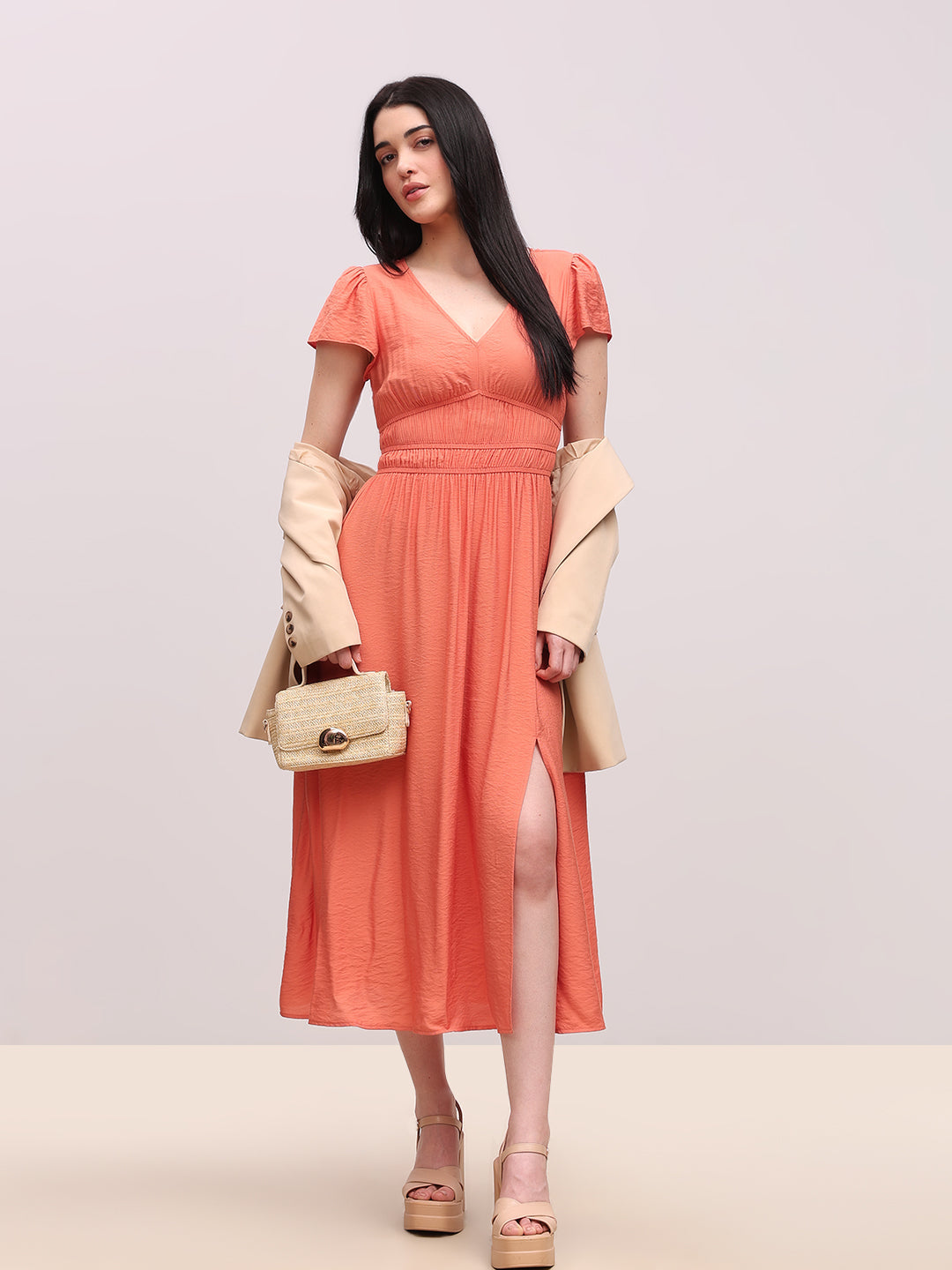 Coral V-Neck Midi Dress