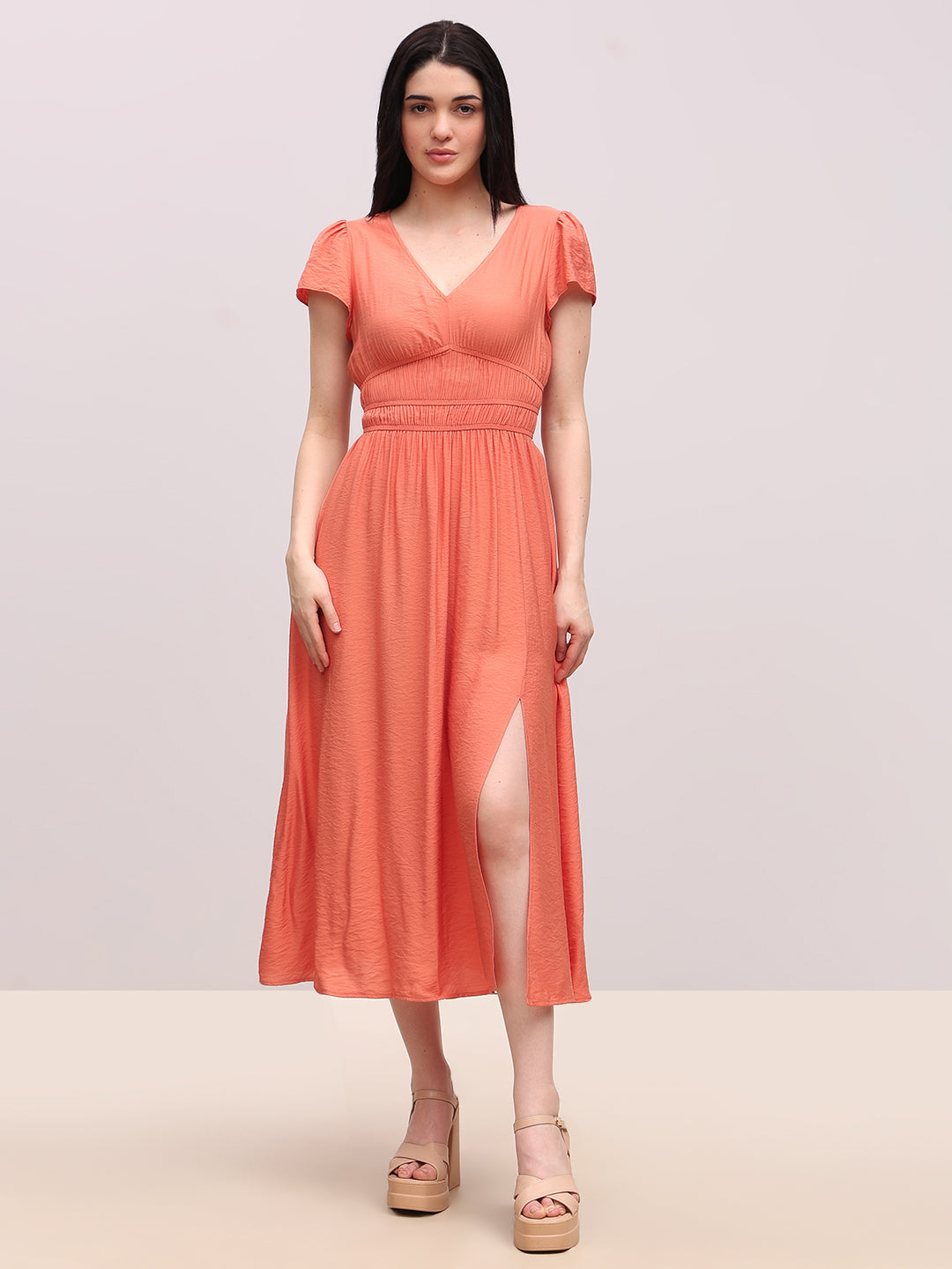 Coral V-Neck Midi Dress