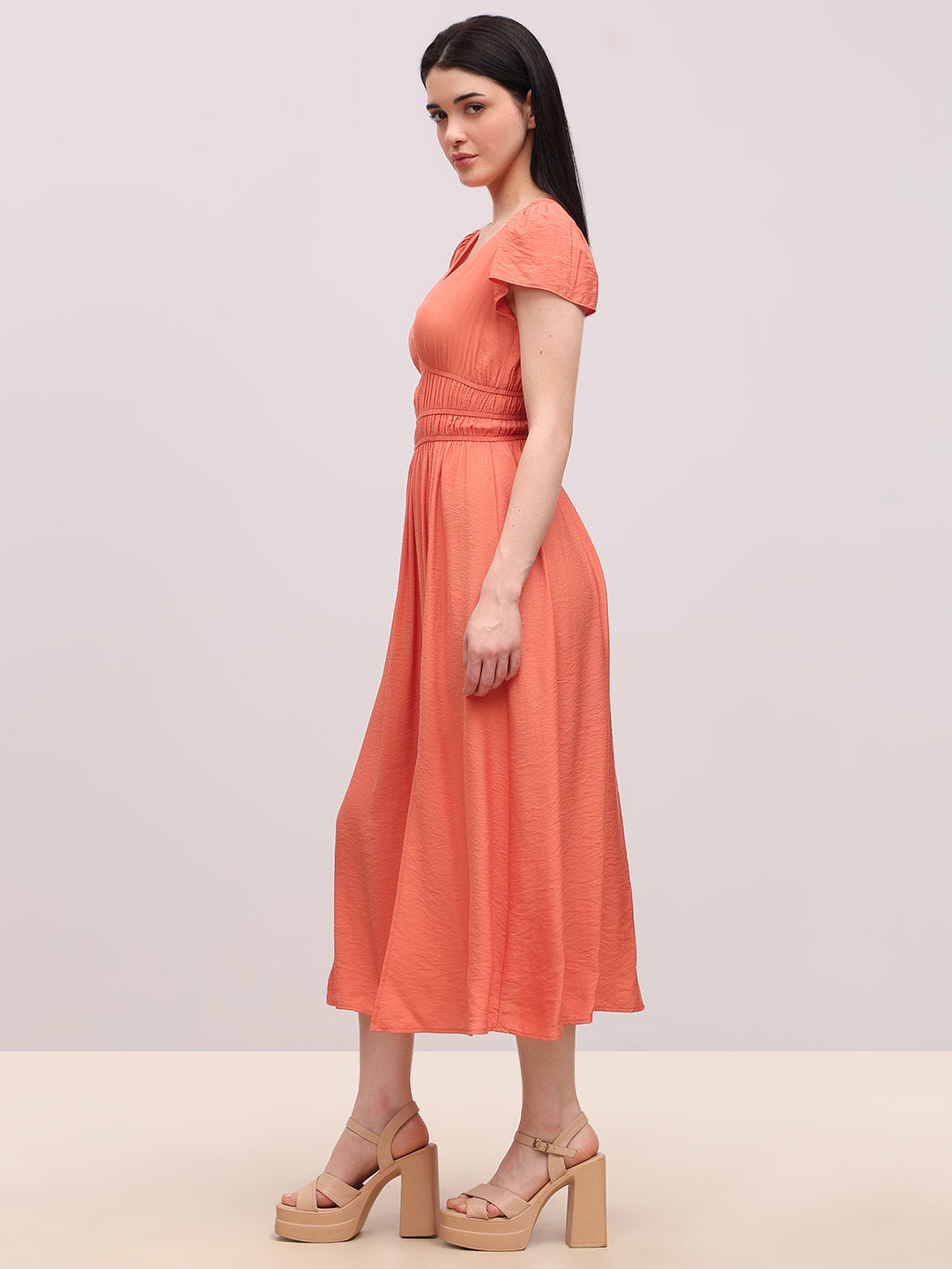 Coral V-Neck Midi Dress