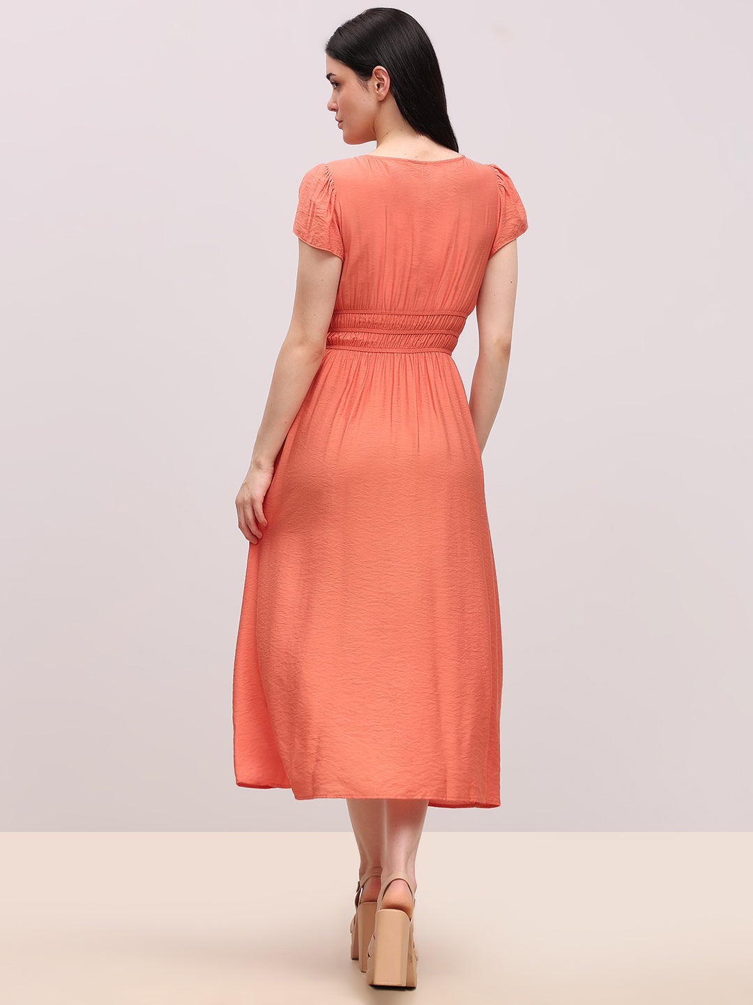 Coral V-Neck Midi Dress