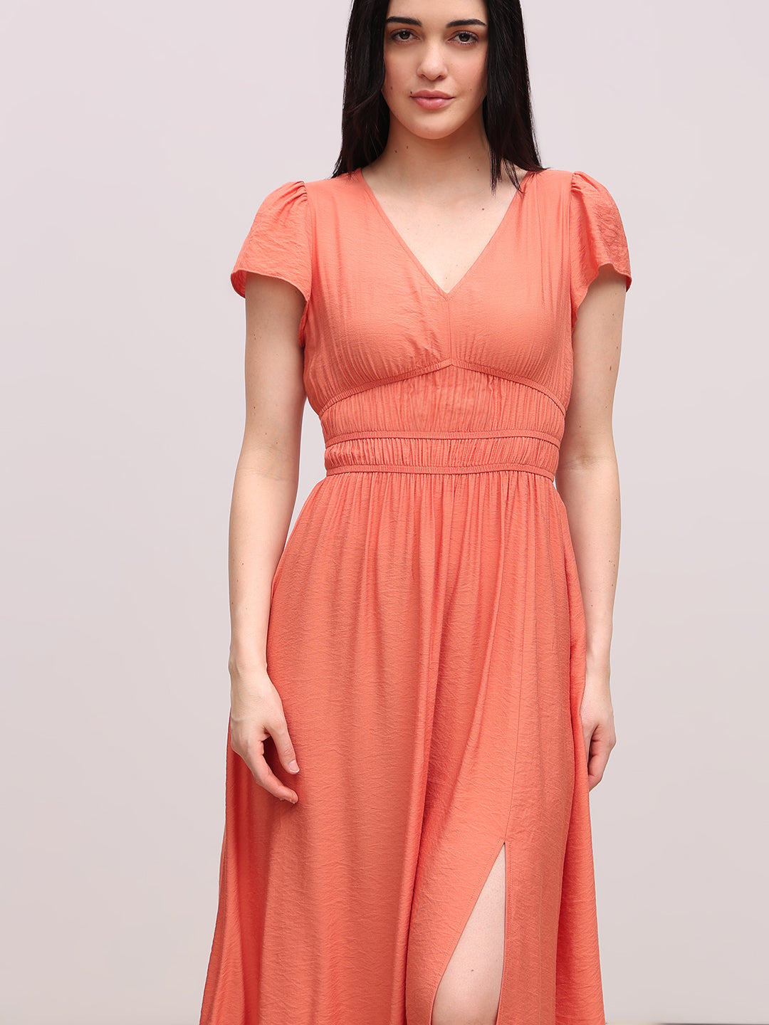 Coral V-Neck Midi Dress
