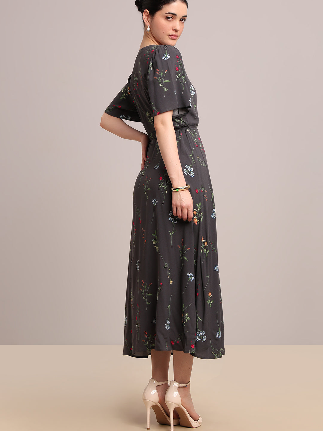 Grey Floral V-Neck Midi Dress