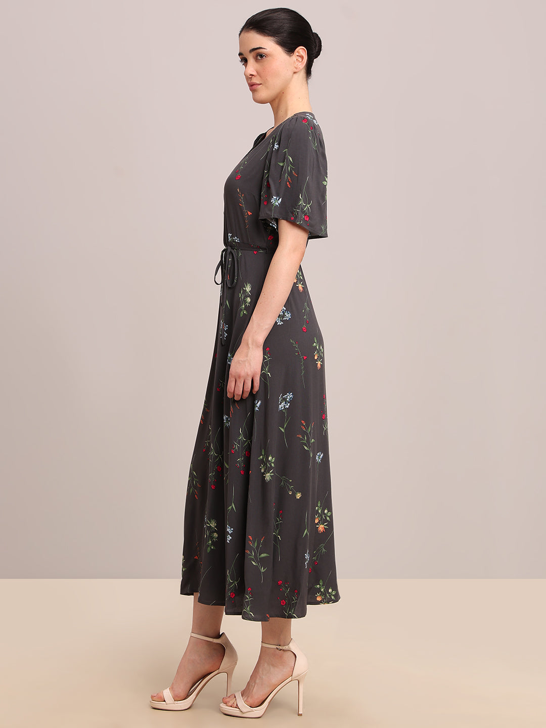 Grey Floral V-Neck Midi Dress