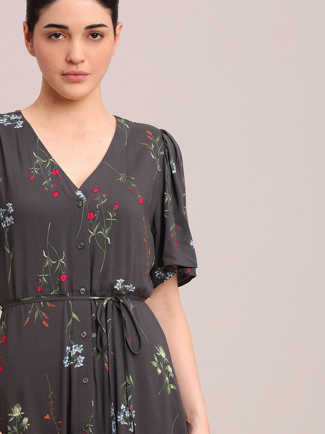 Grey Floral V-Neck Midi Dress