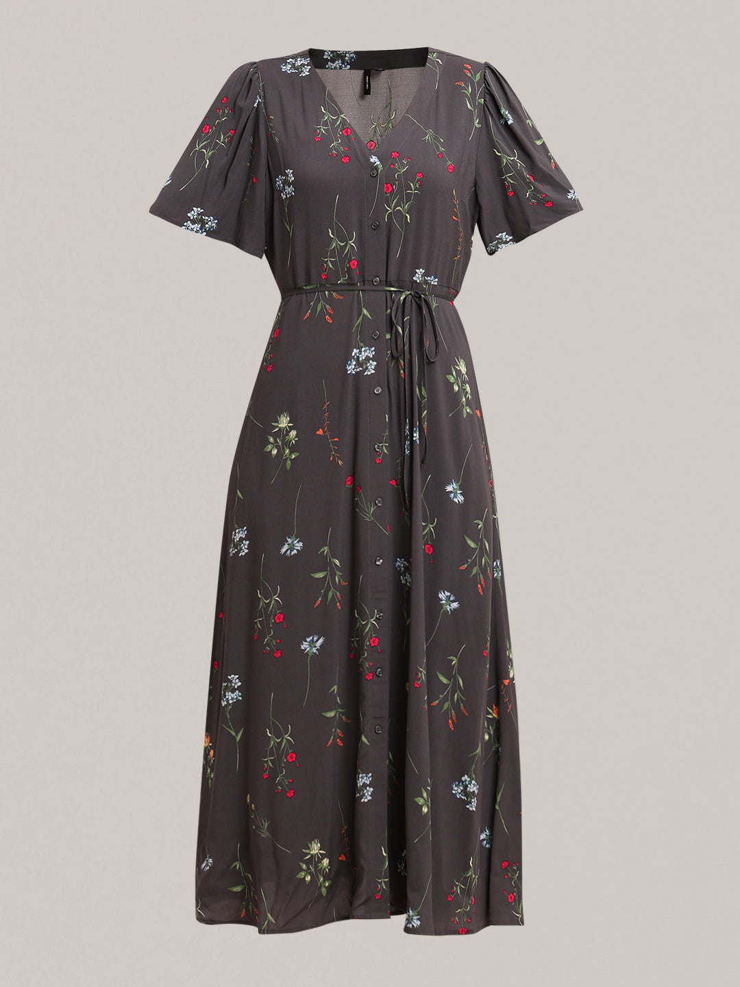 Grey Floral V-Neck Midi Dress