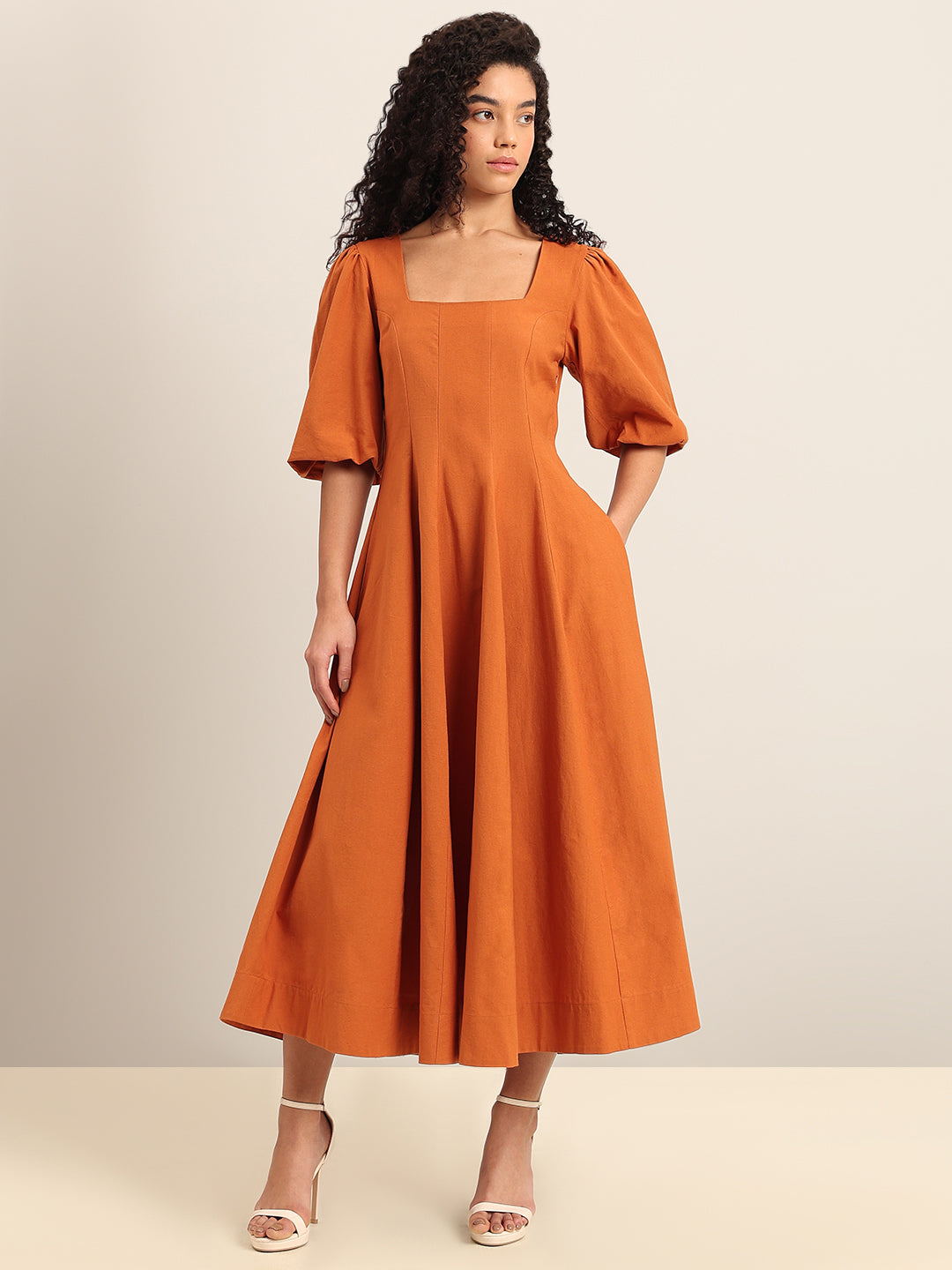 Rust Square Neck Midi Dress