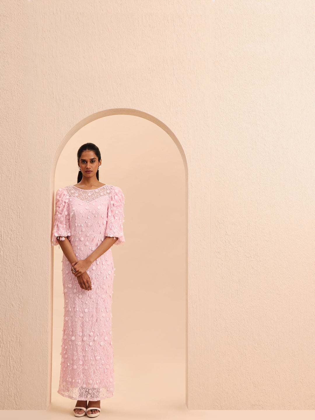 Pink Embellished Puff Sleeves Dress