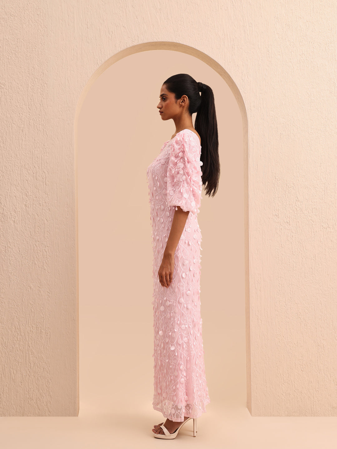 Pink Embellished Puff Sleeves Dress