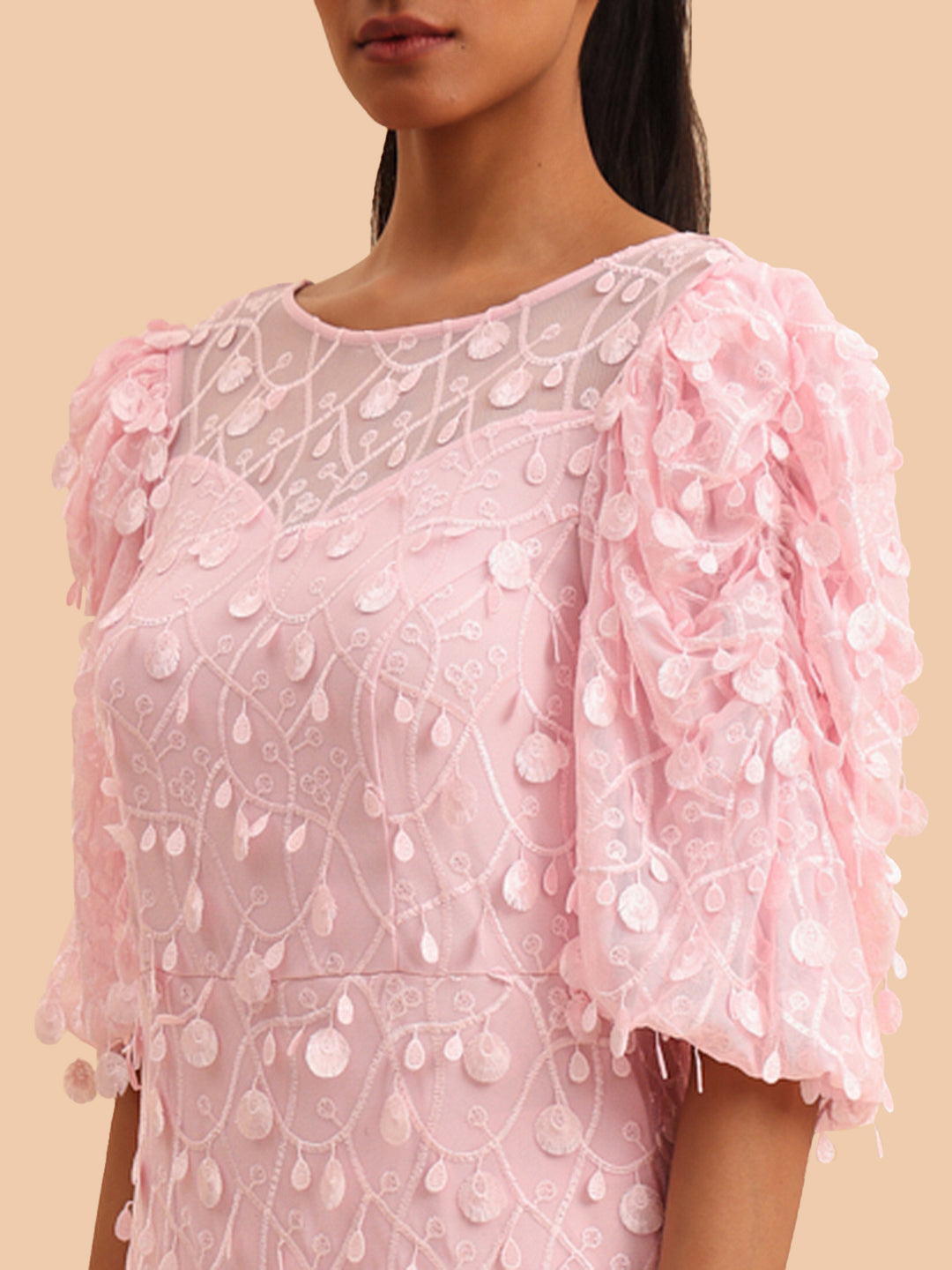 Pink Embellished Puff Sleeves Dress