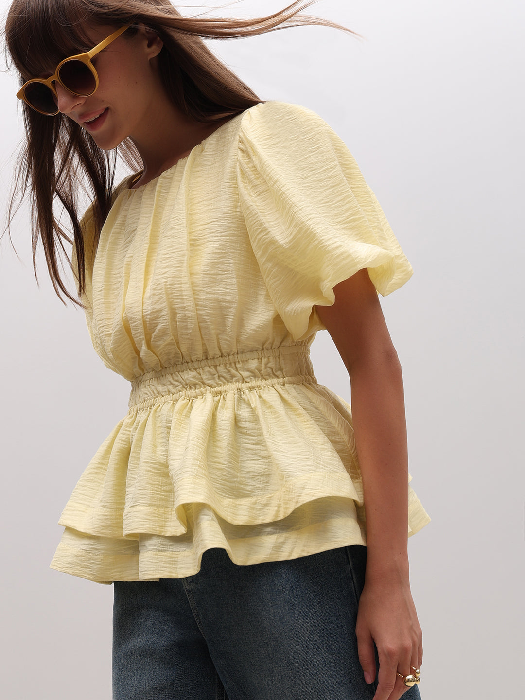 Puff Sleeves Cinched Waist Top