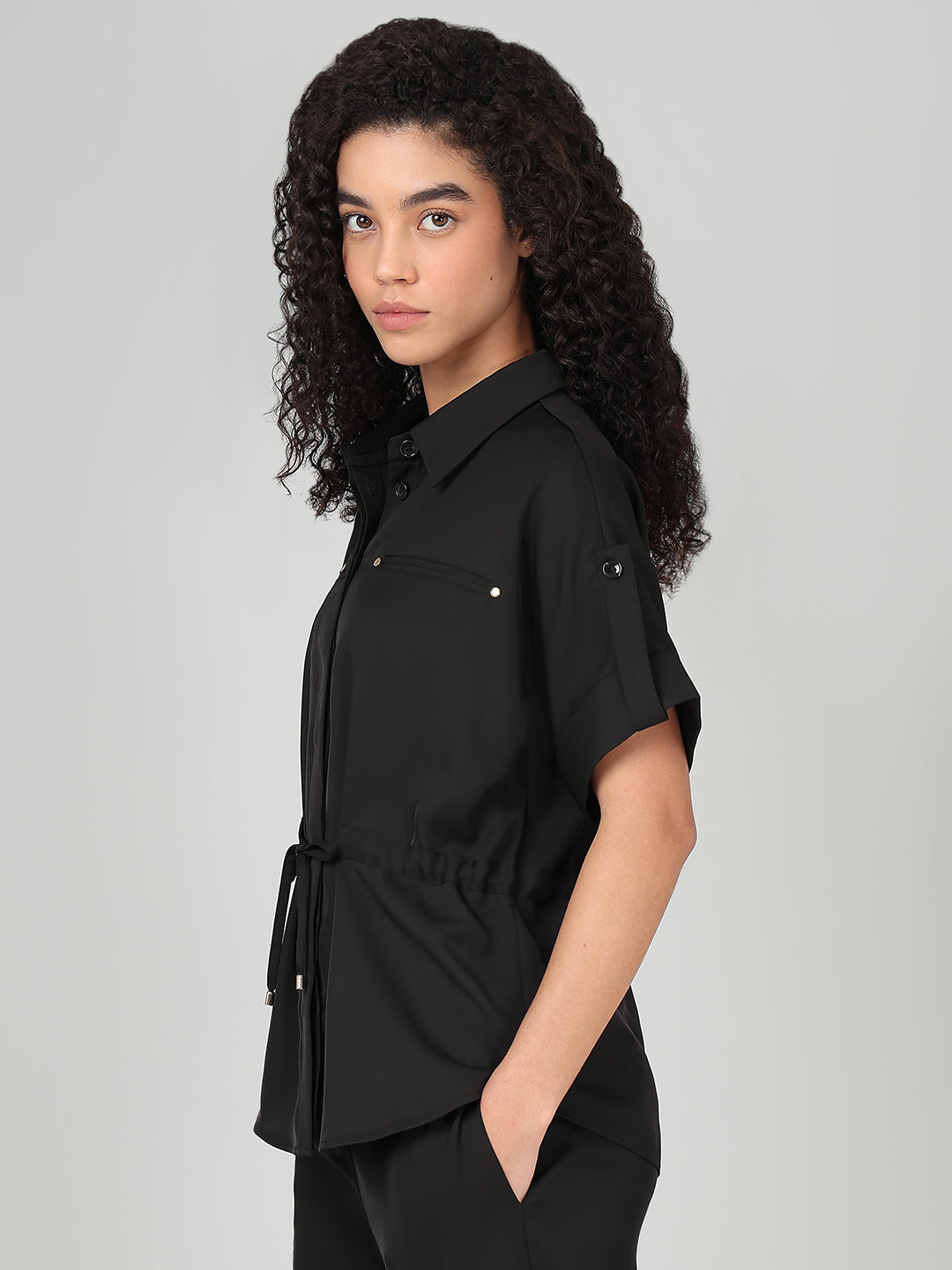 Black Drawstring Waist Shirt
