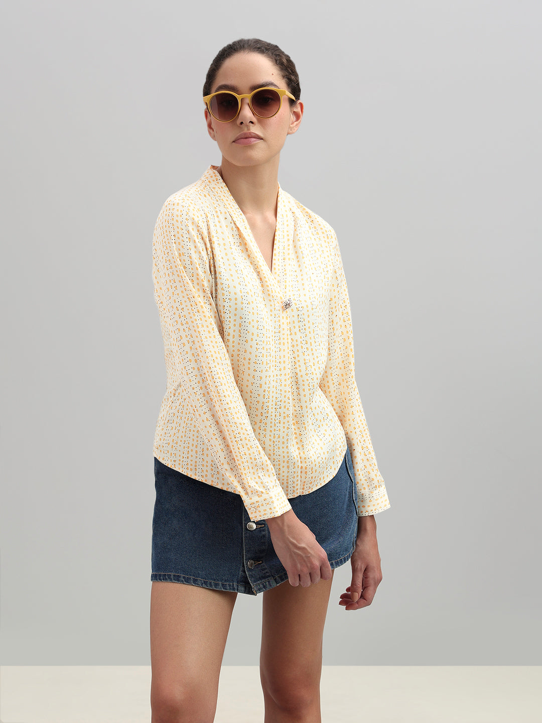 Micro-Print V-Neck Top