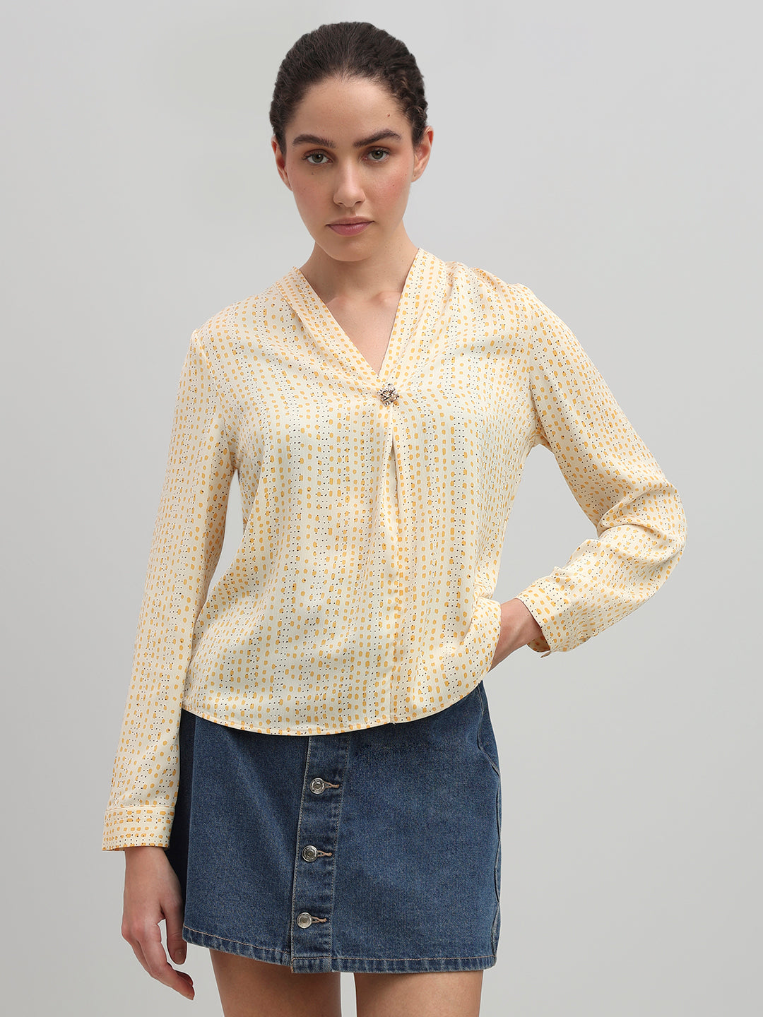 Micro-Print V-Neck Top