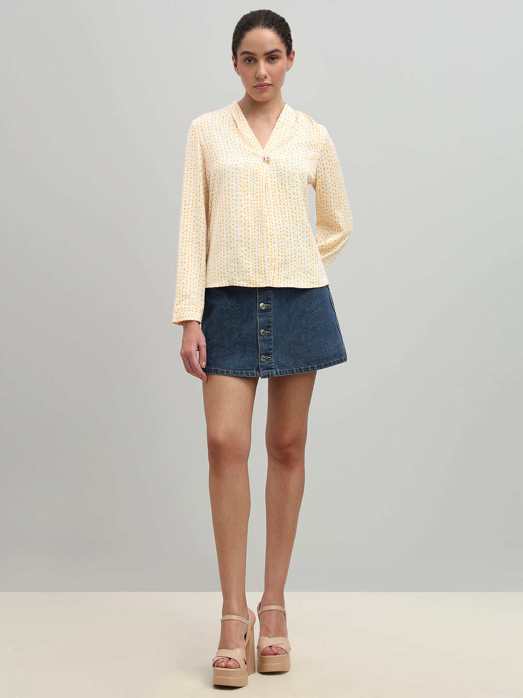 Micro-Print V-Neck Top